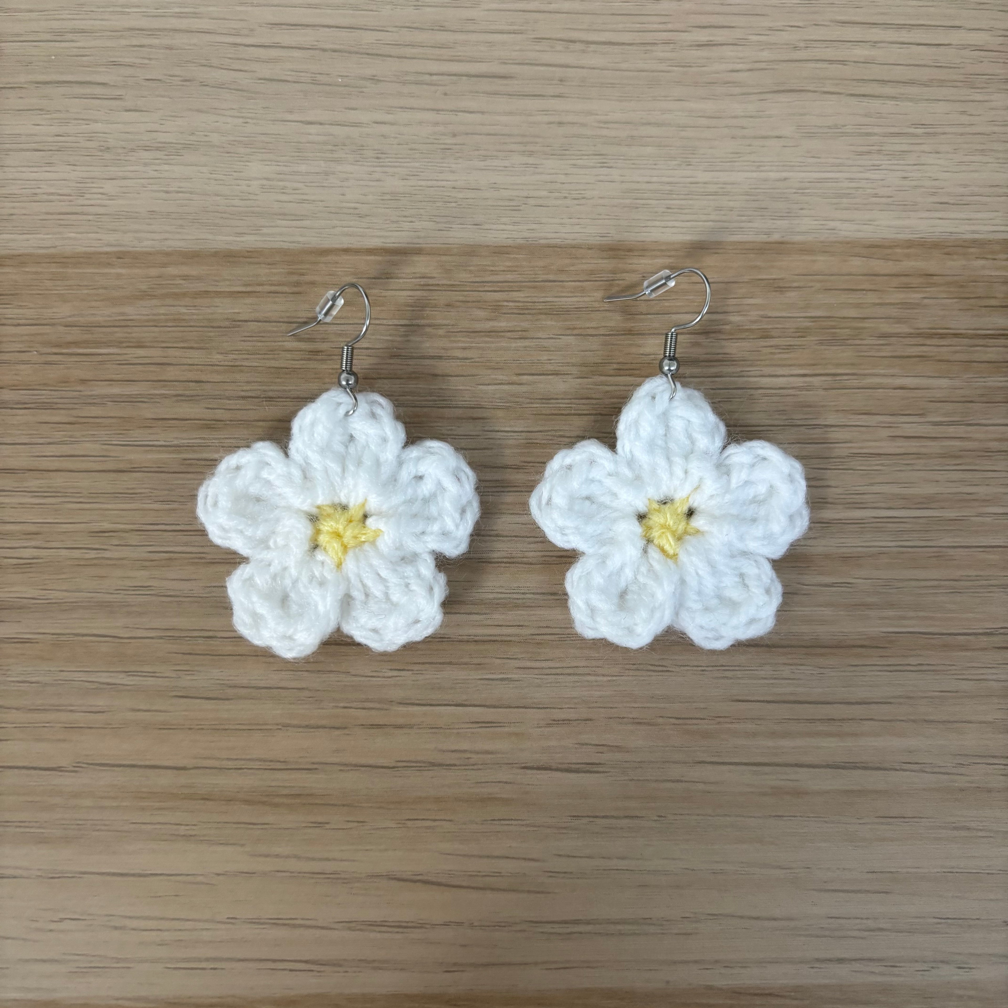 White Daisy Crochet Flower Surgical Steel Hook Earrings