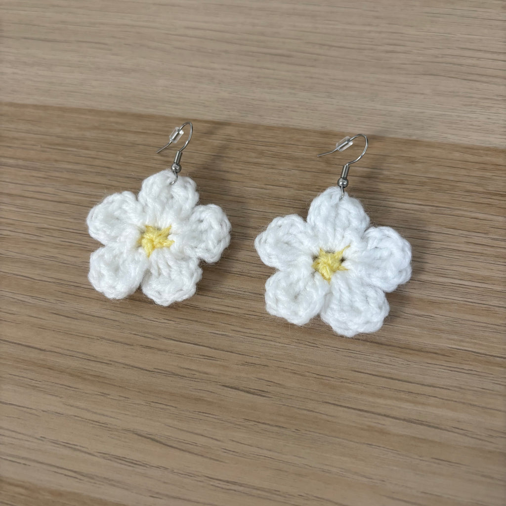 White Daisy Crochet Flower Surgical Steel Hook Earrings