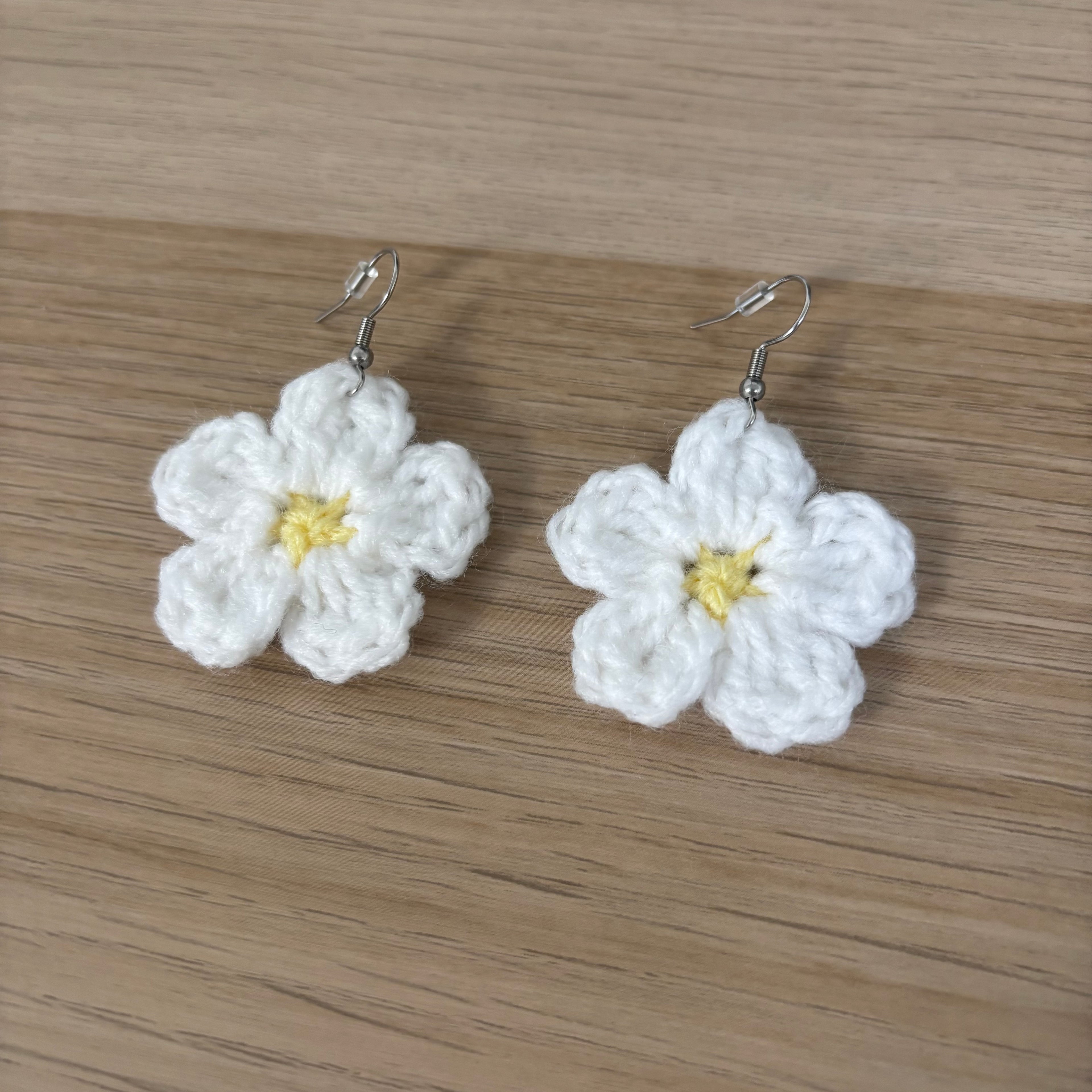 White Daisy Crochet Flower Surgical Steel Hook Earrings