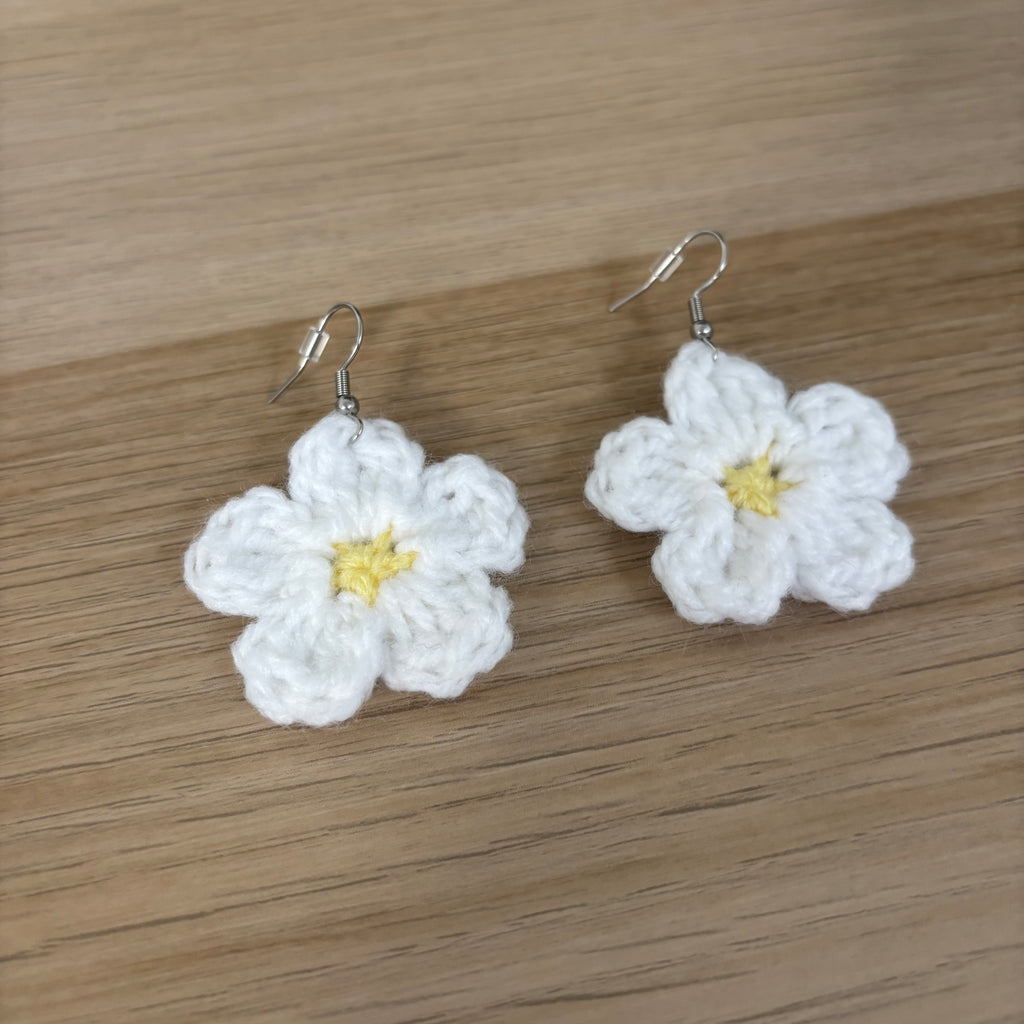 White Daisy Crochet Flower Surgical Steel Hook Earrings