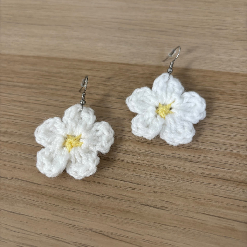 White Daisy Crochet Flower Surgical Steel Hook Earrings