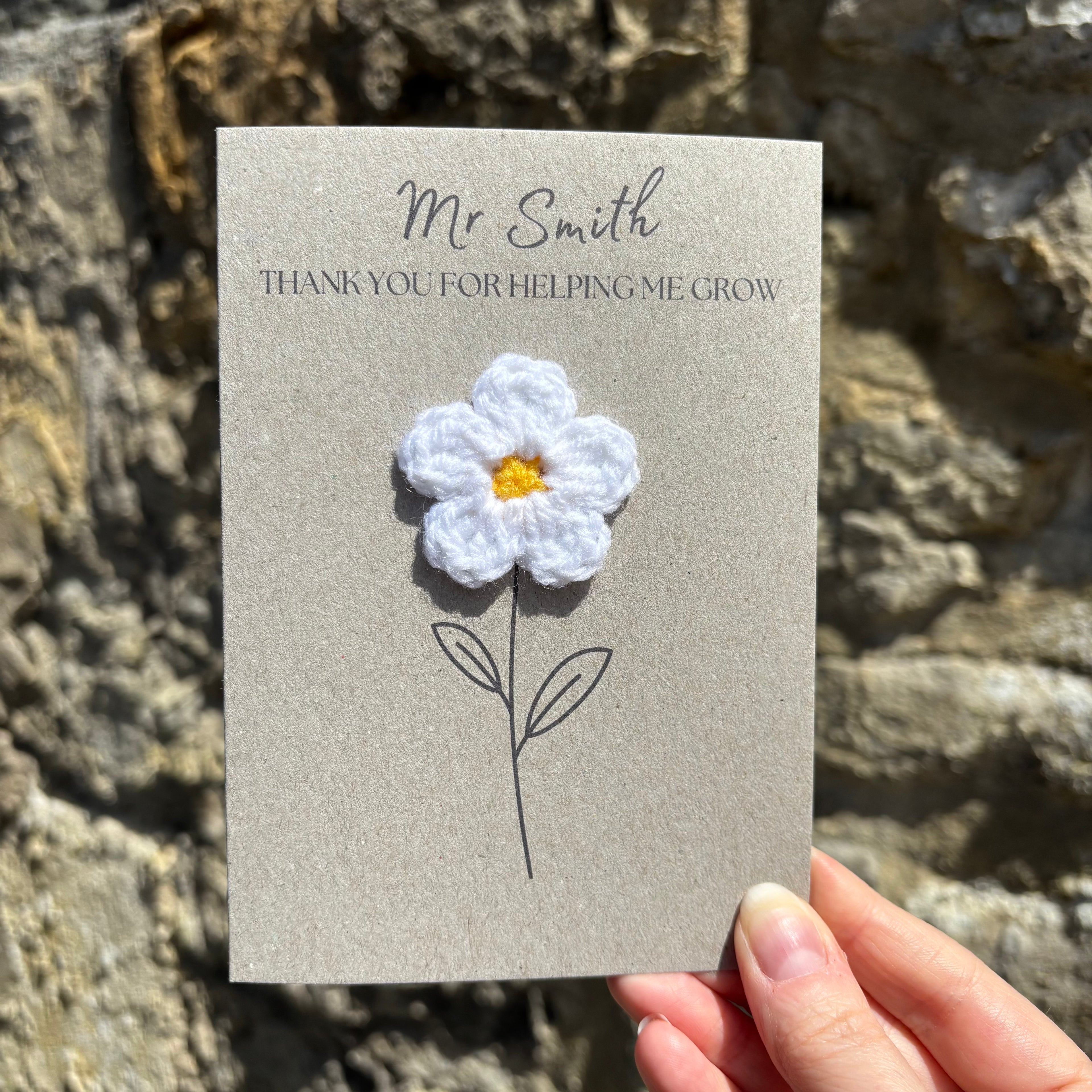 Personalised Teacher Card - 'Thank You for Helping me Grow' - Crochet White Daisy Flower