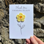 Card for School Teacher - 'Thank You for Helping me Grow' - Crochet Yellow Daisy Flower