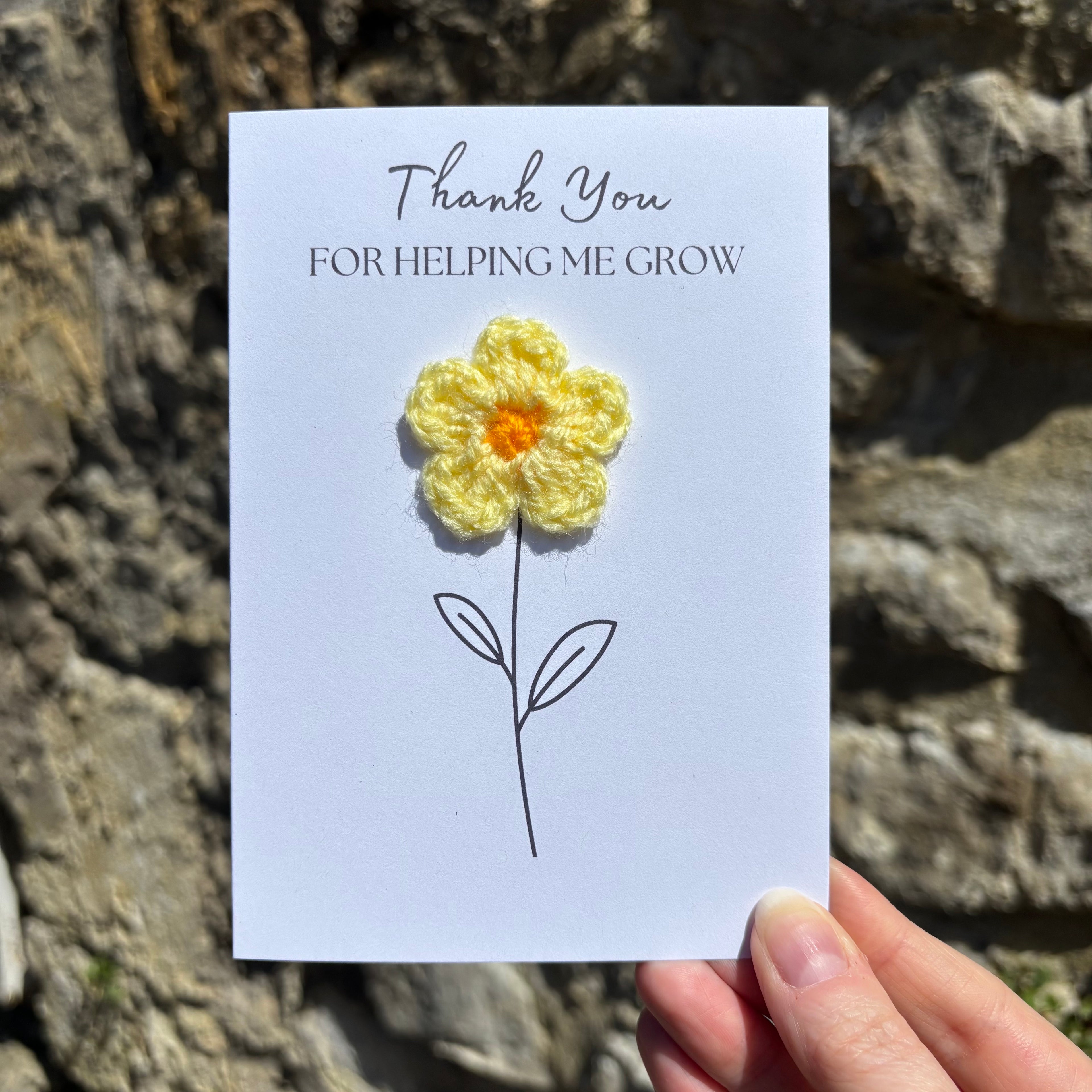 Card for School Teacher - 'Thank You for Helping me Grow' - Crochet Yellow Daisy Flower