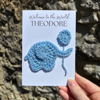 Personalised Crochet Elephant New Baby Card for Baby Boy - 'Welcome to the World'