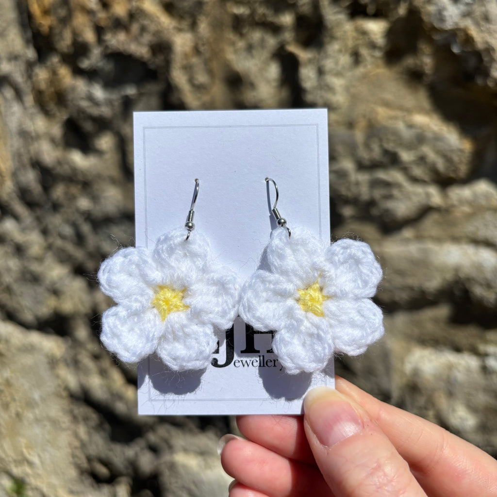 White Daisy Crochet Flower Surgical Steel Hook Earrings