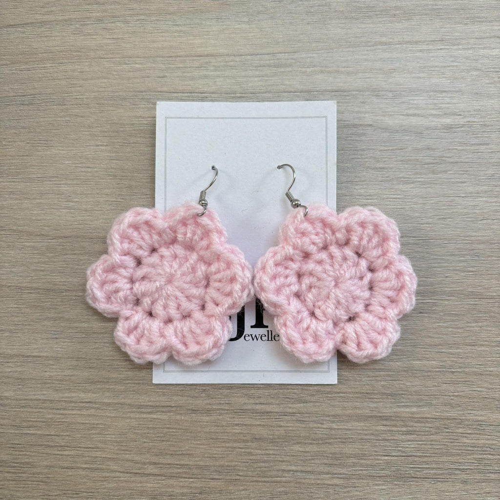 Baby Pink Crochet Flower Surgical Steel Hook Earrings