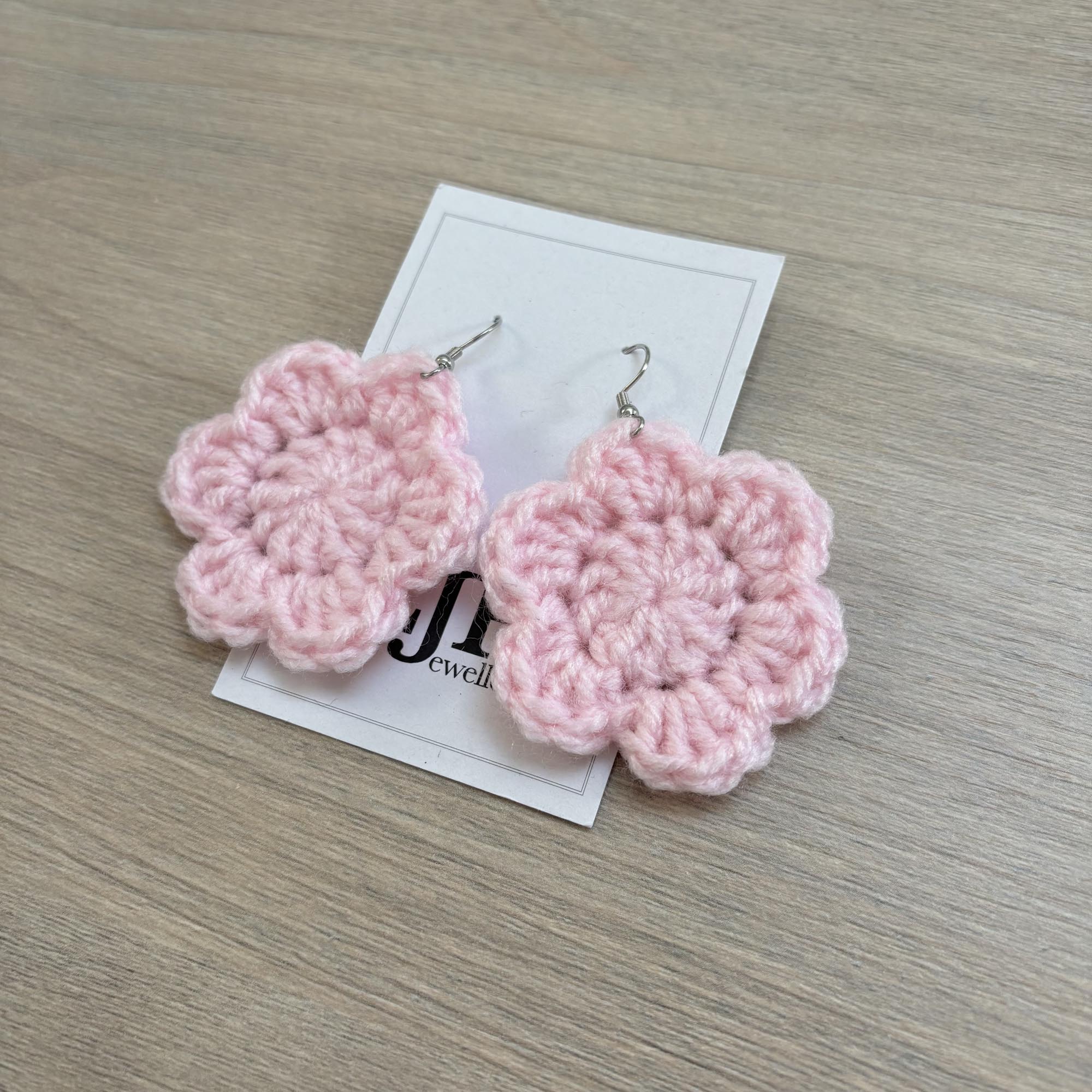 Baby Pink Crochet Flower Surgical Steel Hook Earrings