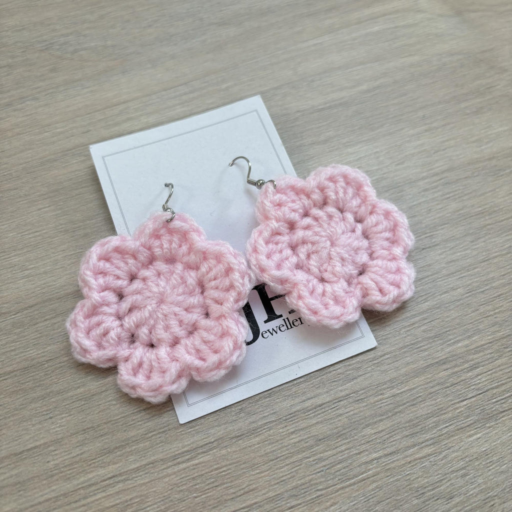 Baby Pink Crochet Flower Surgical Steel Hook Earrings