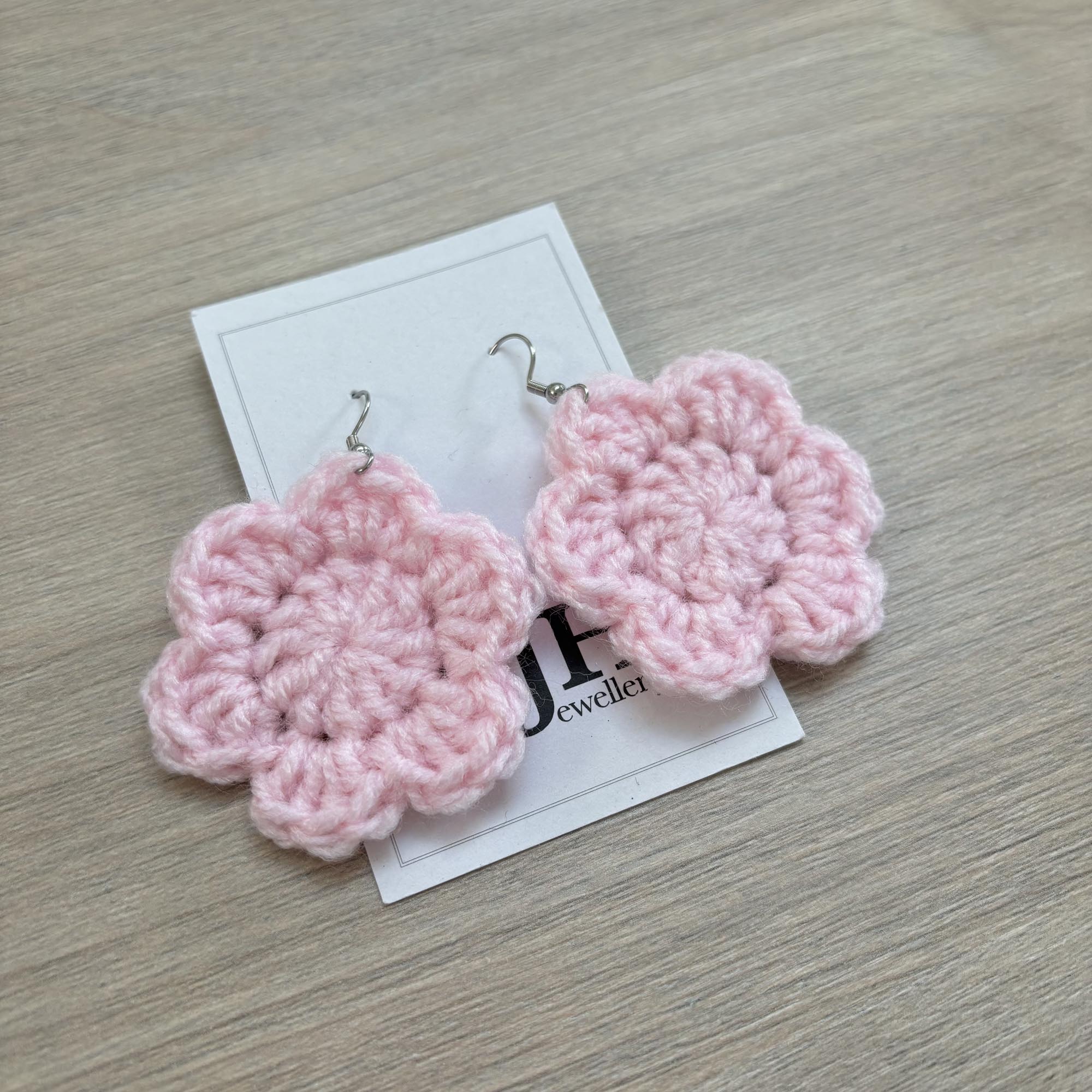 Baby Pink Crochet Flower Surgical Steel Hook Earrings