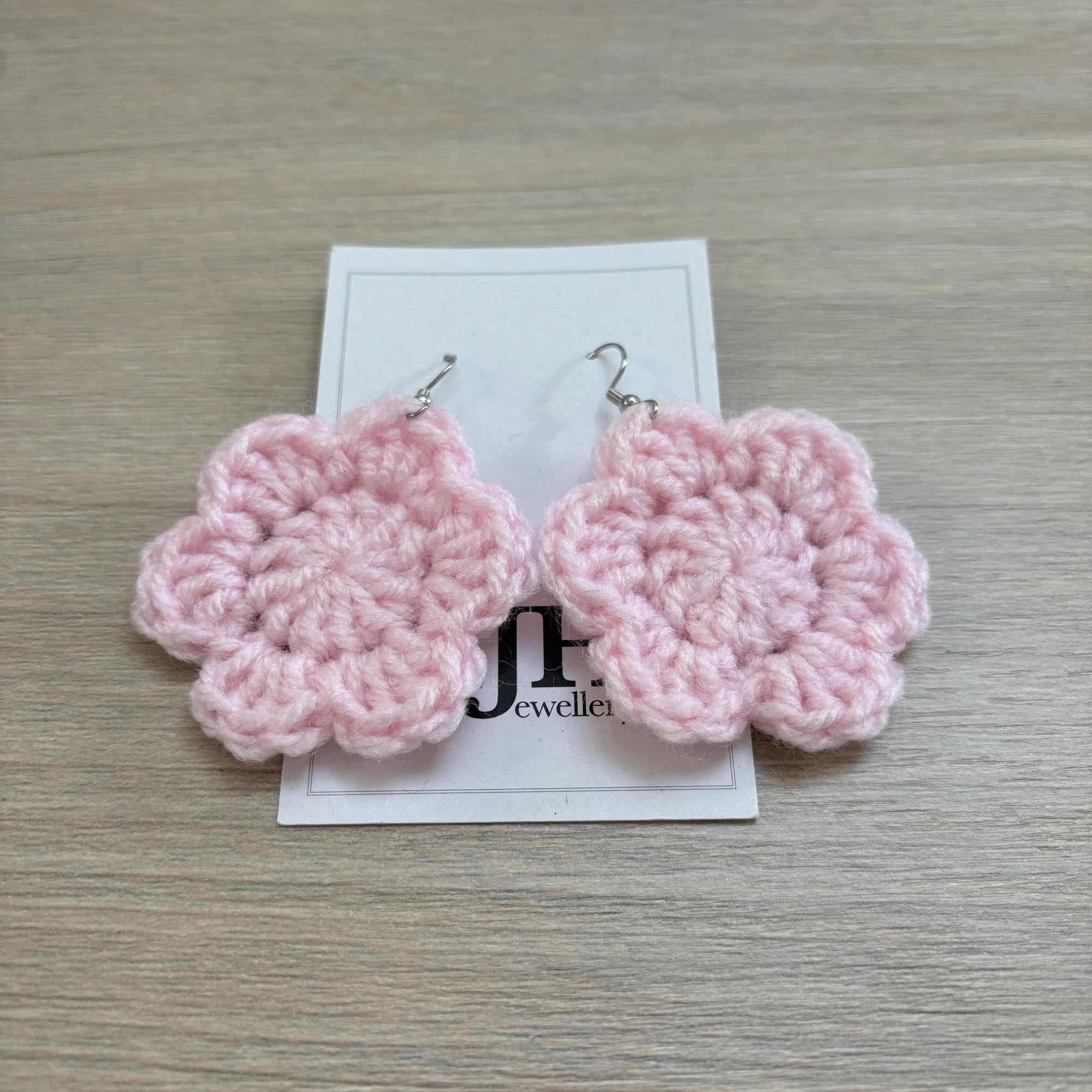Baby Pink Crochet Flower Surgical Steel Hook Earrings