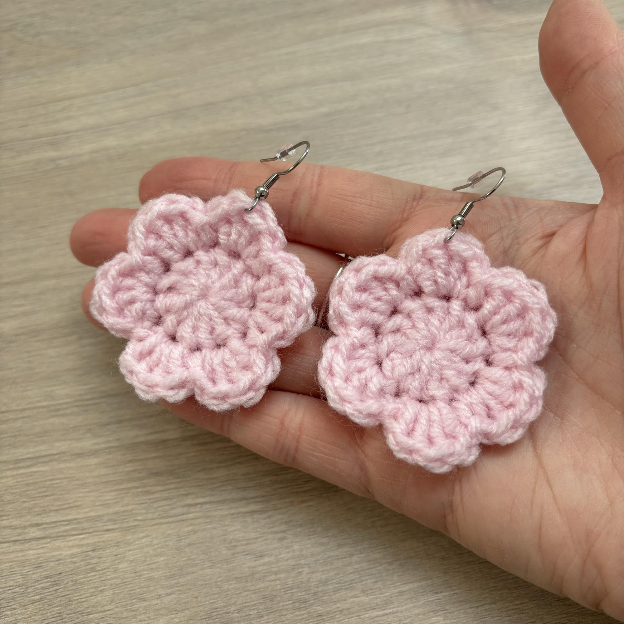 Baby Pink Crochet Flower Surgical Steel Hook Earrings