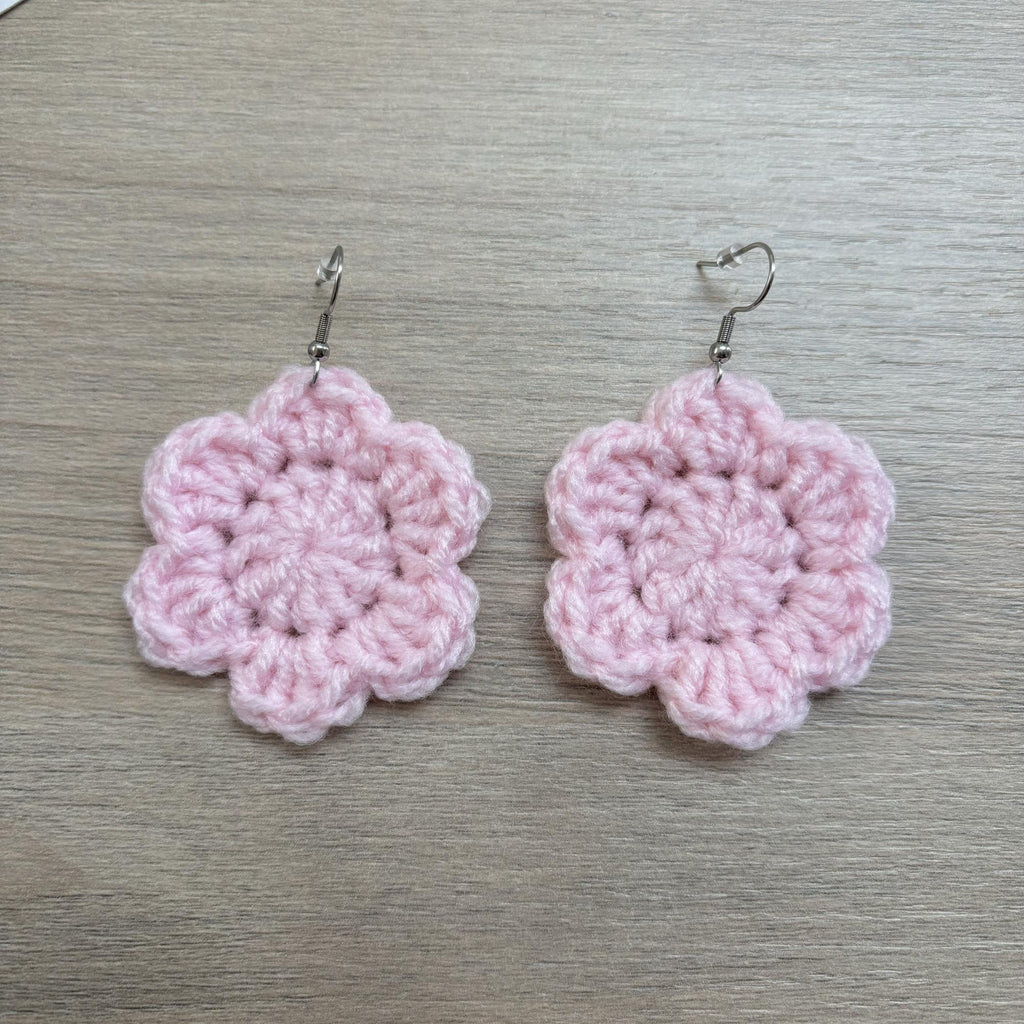 Baby Pink Crochet Flower Surgical Steel Hook Earrings