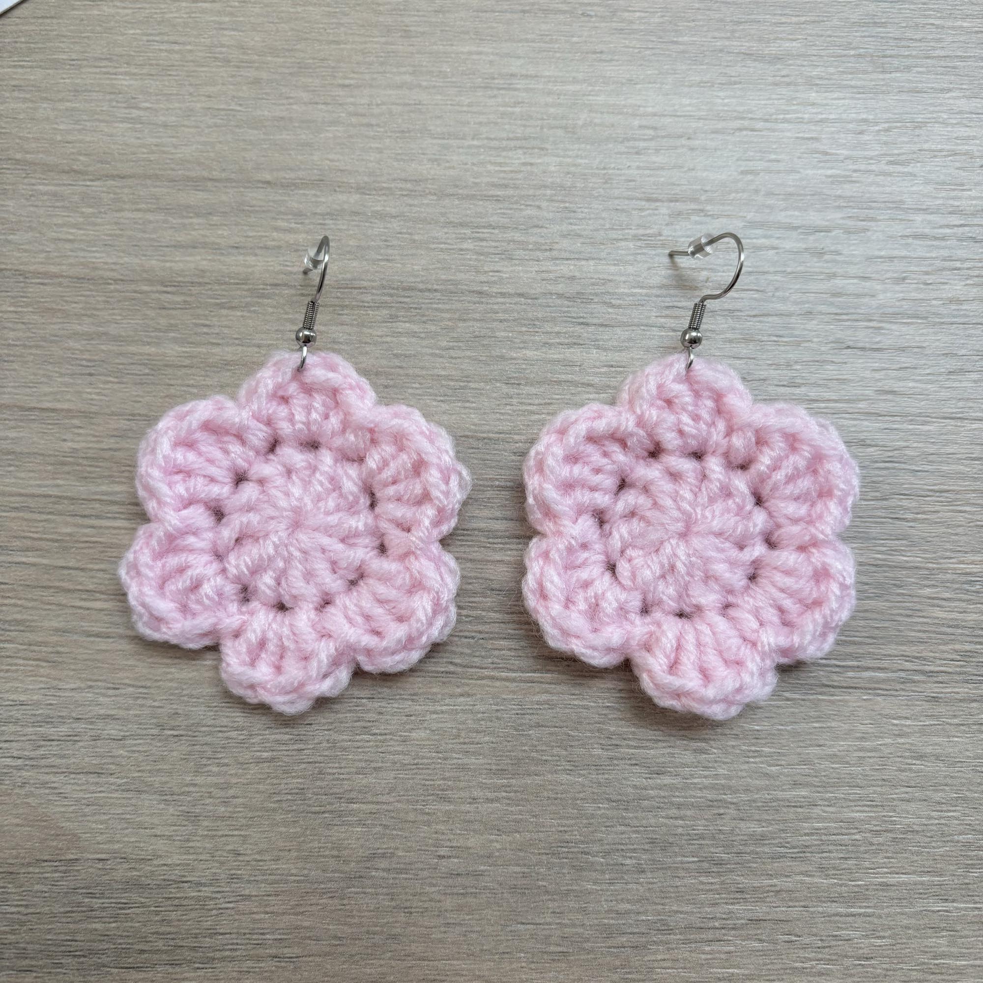 Baby Pink Crochet Flower Surgical Steel Hook Earrings