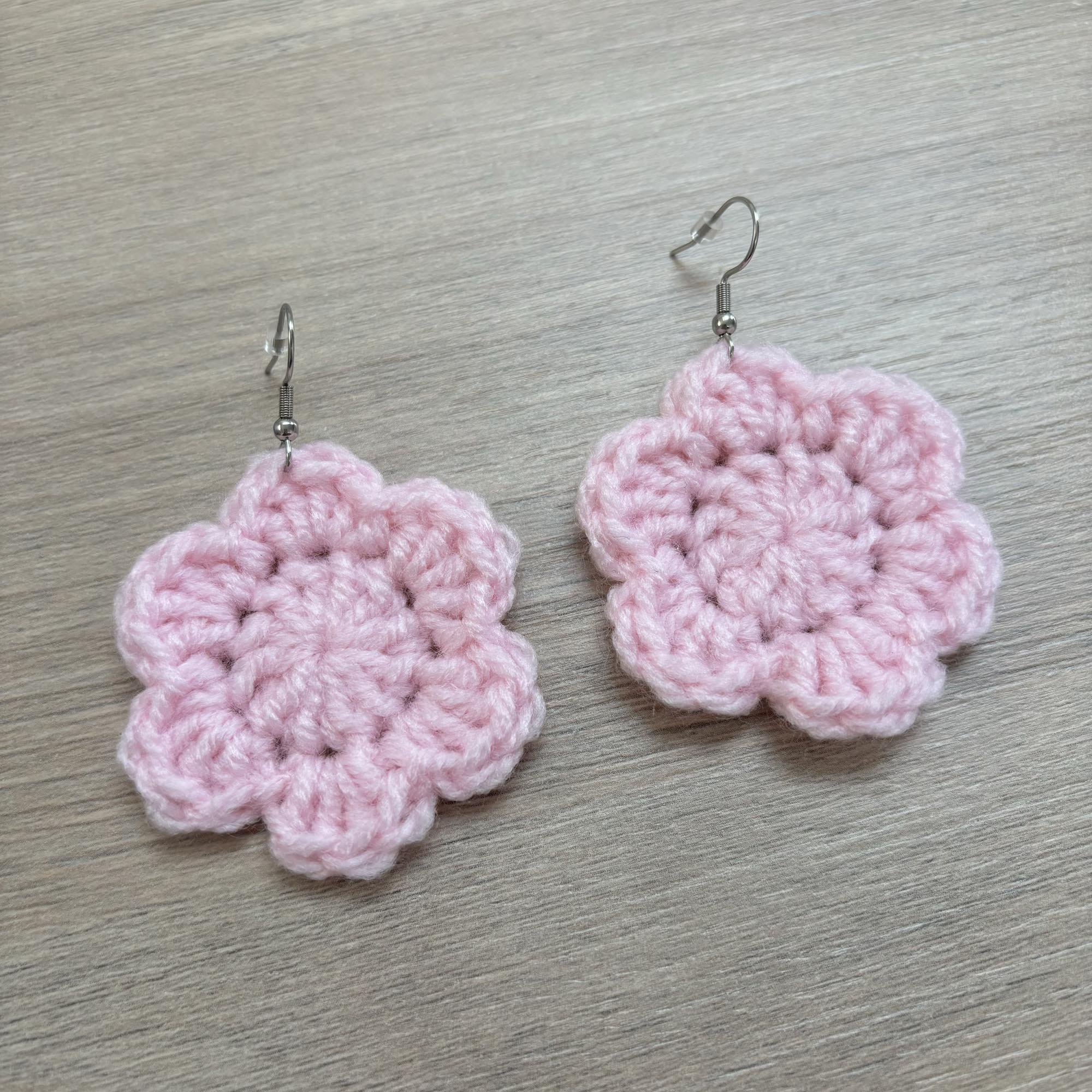 Baby Pink Crochet Flower Surgical Steel Hook Earrings