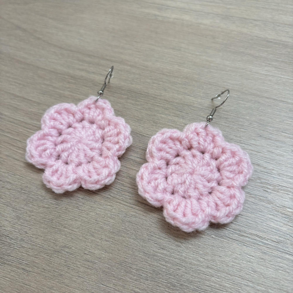 Baby Pink Crochet Flower Surgical Steel Hook Earrings