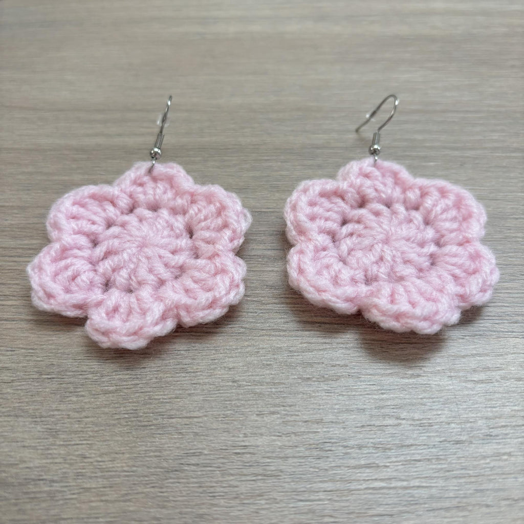 Baby Pink Crochet Flower Surgical Steel Hook Earrings