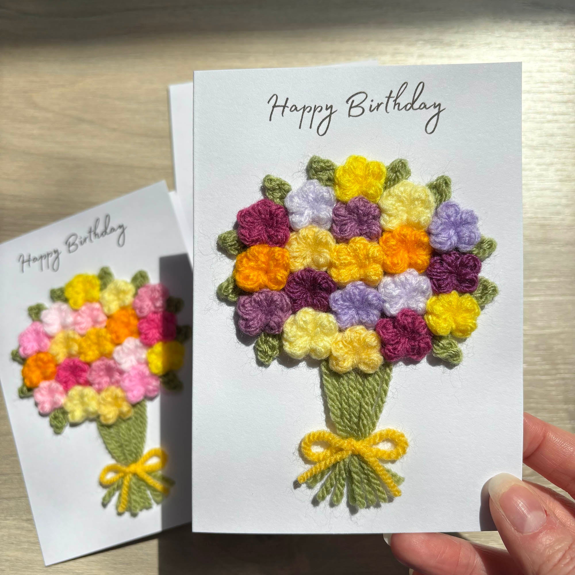 Crochet Yellow & Purple Floral Bouquet Birthday Card - Personalisation Optional