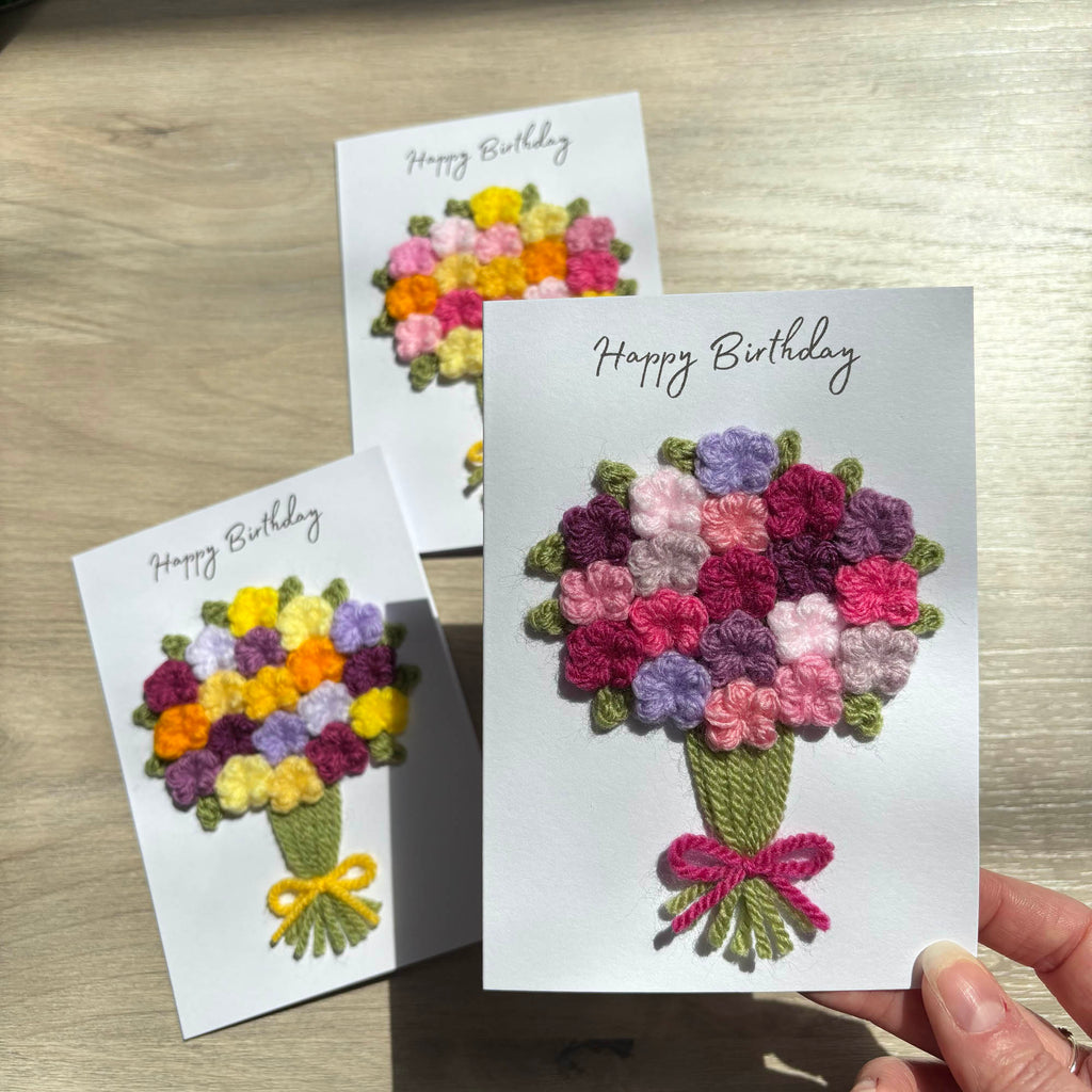 Crochet Pink & Purple Floral Bouquet Birthday Card - Personalisation Optional
