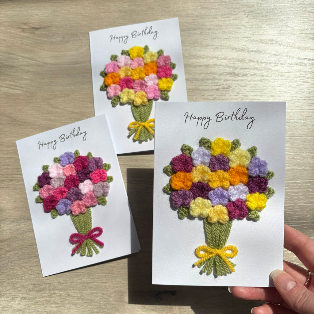 Crochet Yellow & Purple Floral Bouquet Birthday Card - Personalisation Optional