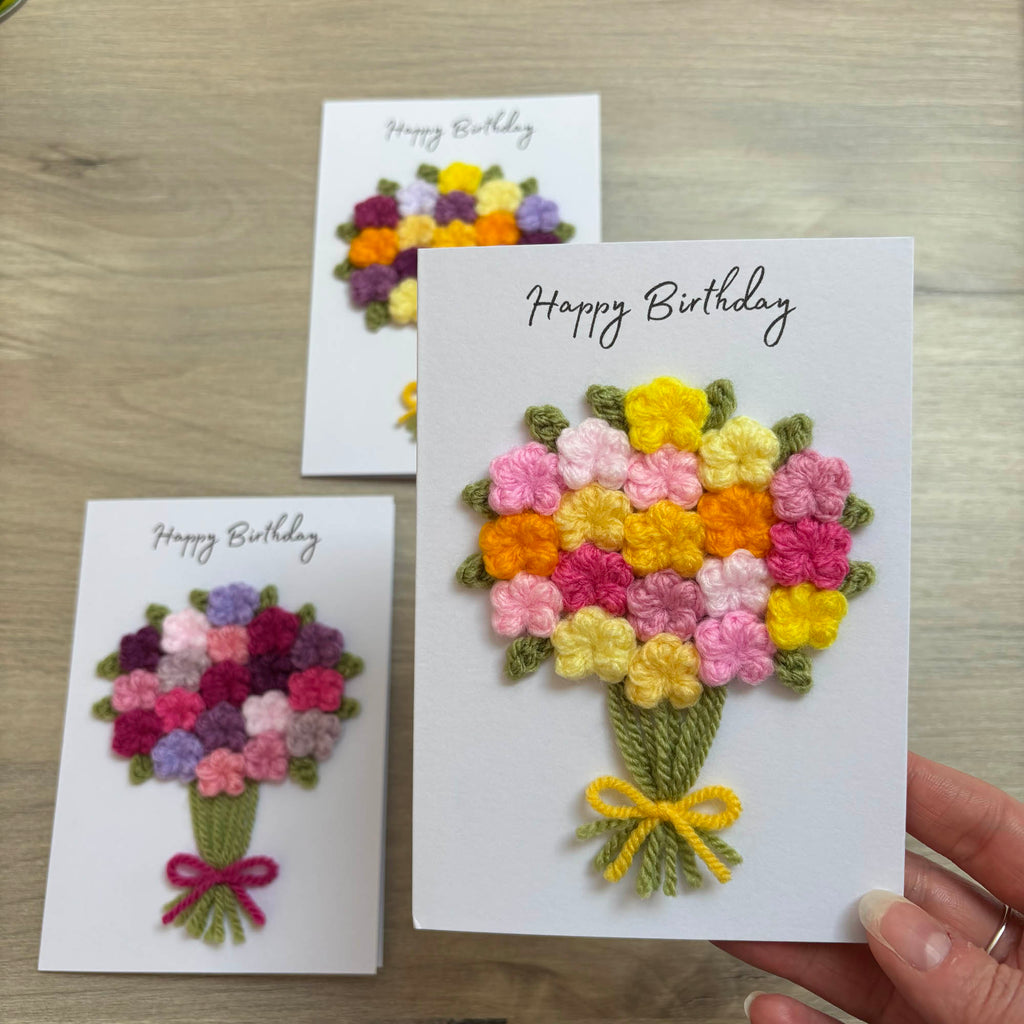 Crochet Pink & Yellow Floral Bouquet Birthday Card - Personalisation Optional