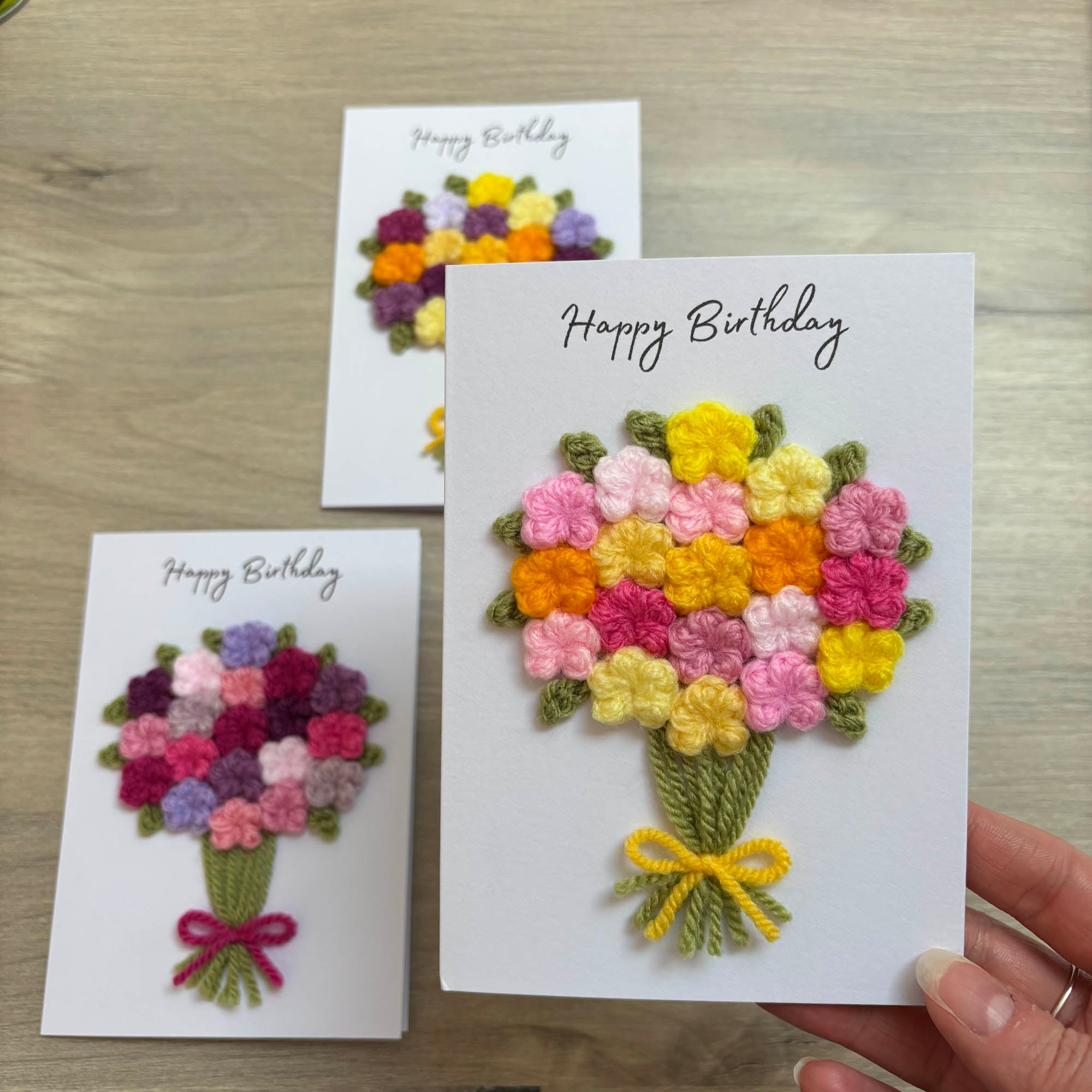 Crochet Pink & Yellow Floral Bouquet Birthday Card - Personalisation Optional
