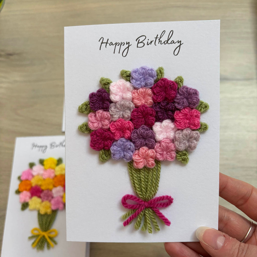Crochet Pink & Purple Floral Bouquet Birthday Card - Personalisation Optional