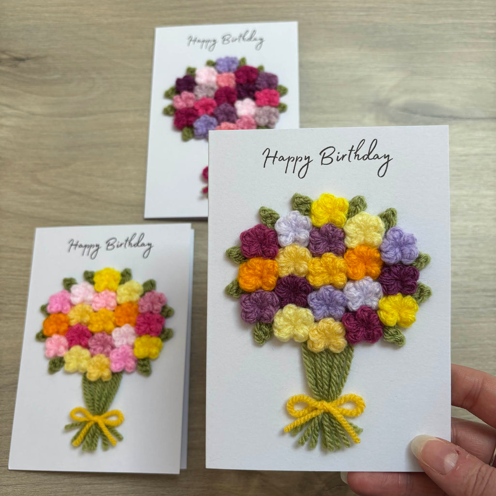 Crochet Yellow & Purple Floral Bouquet Birthday Card - Personalisation Optional