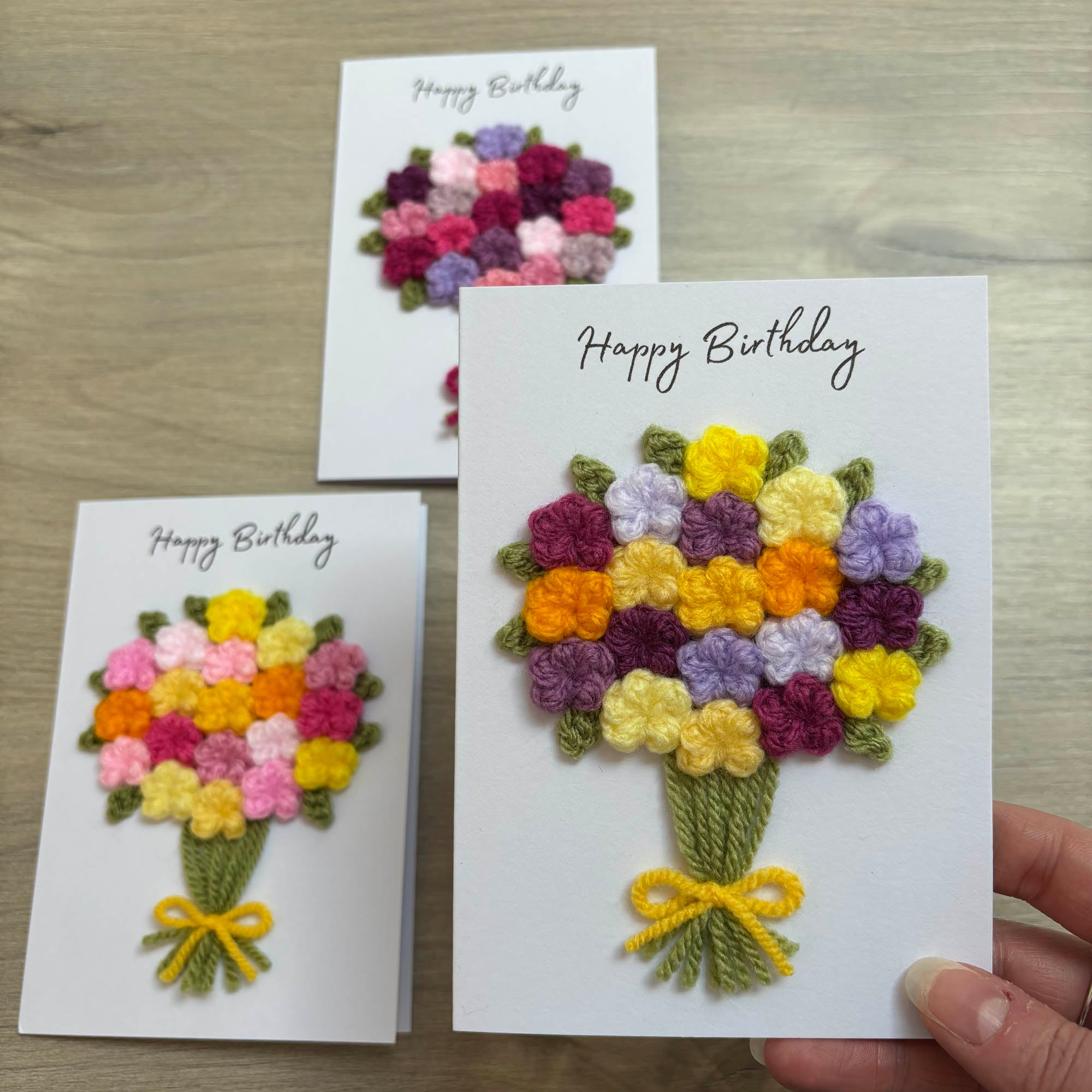 Crochet Yellow & Purple Floral Bouquet Birthday Card - Personalisation Optional