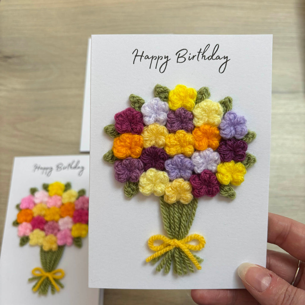 Crochet Yellow & Purple Floral Bouquet Birthday Card - Personalisation Optional