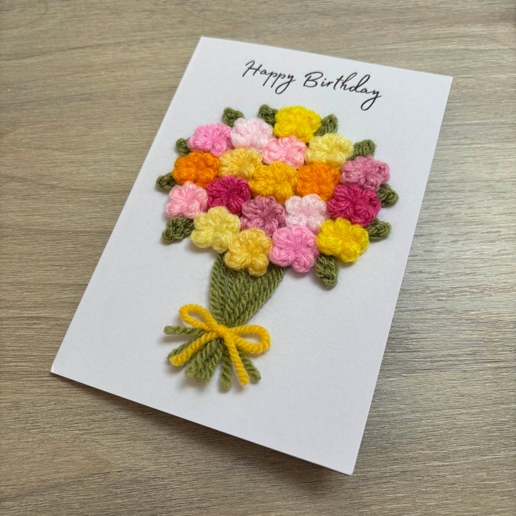Crochet Pink & Yellow Floral Bouquet Birthday Card - Personalisation Optional