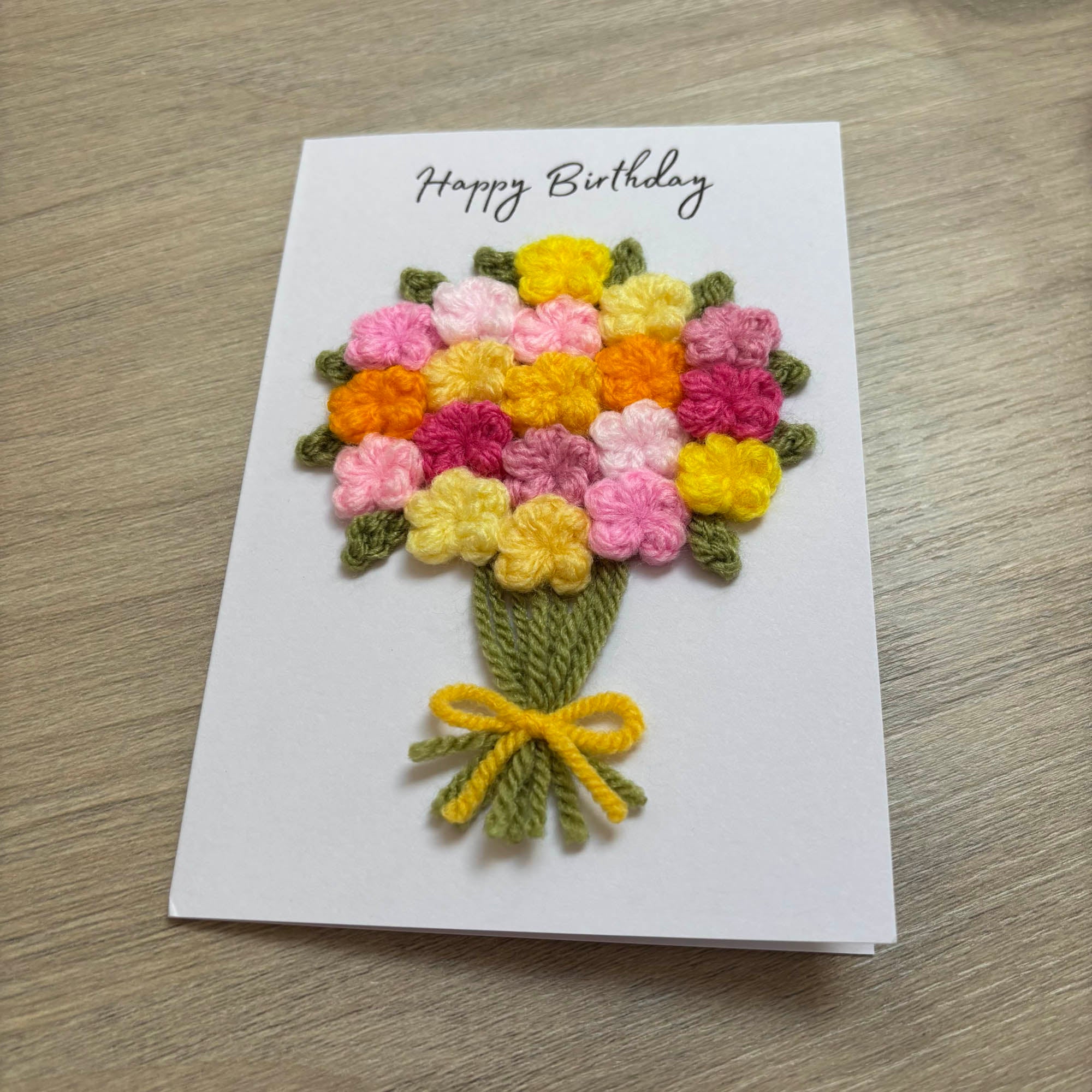 Crochet Pink & Yellow Floral Bouquet Birthday Card - Personalisation Optional