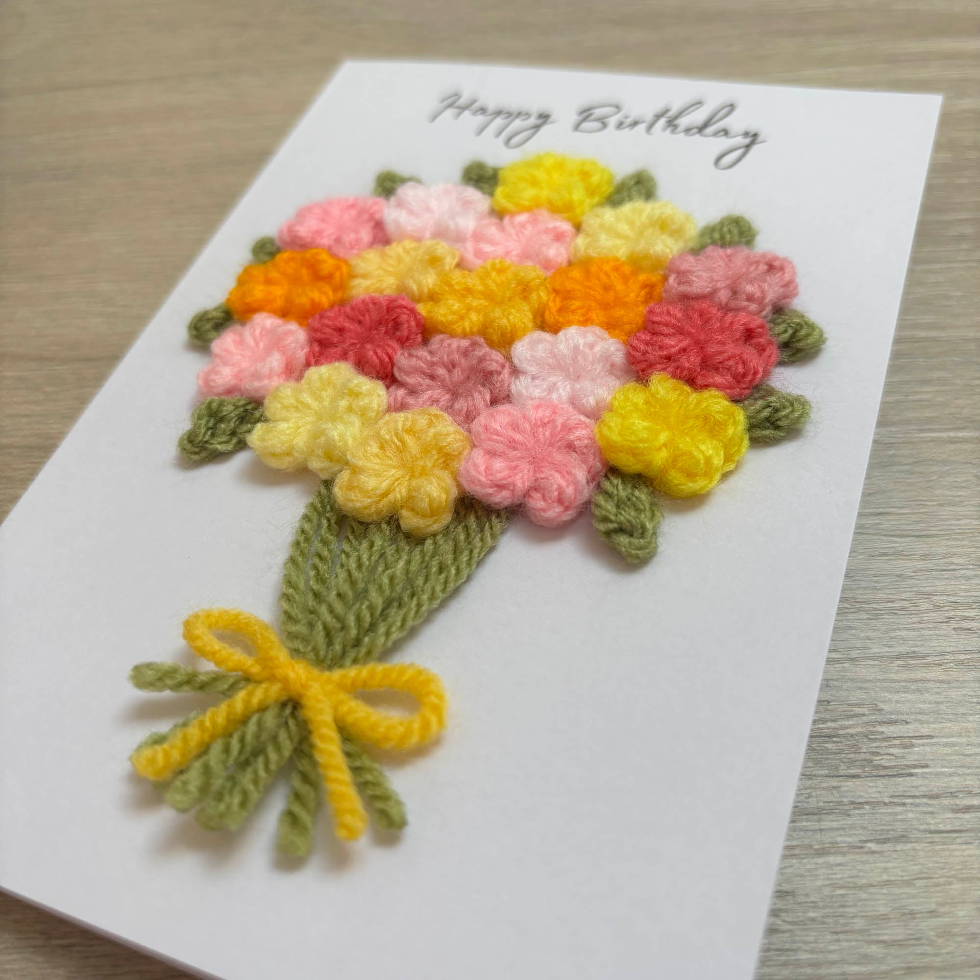 Crochet Pink & Yellow Floral Bouquet Birthday Card - Personalisation Optional