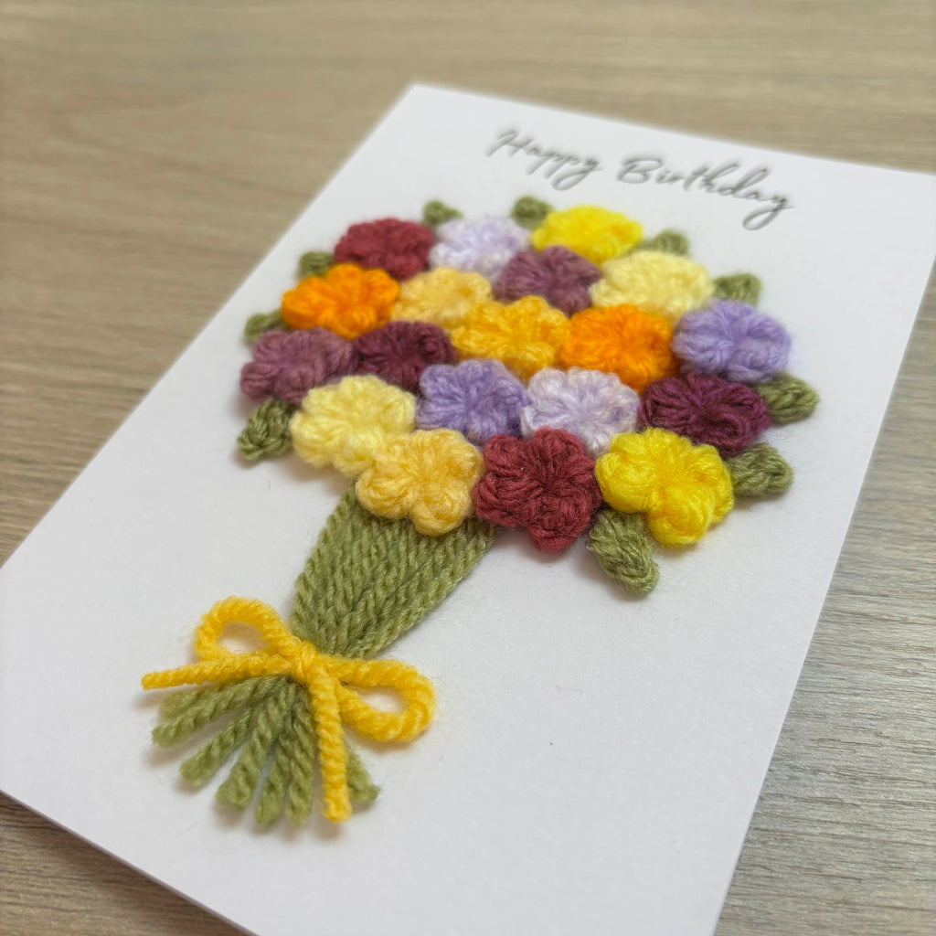 Crochet Yellow & Purple Floral Bouquet Birthday Card - Personalisation Optional