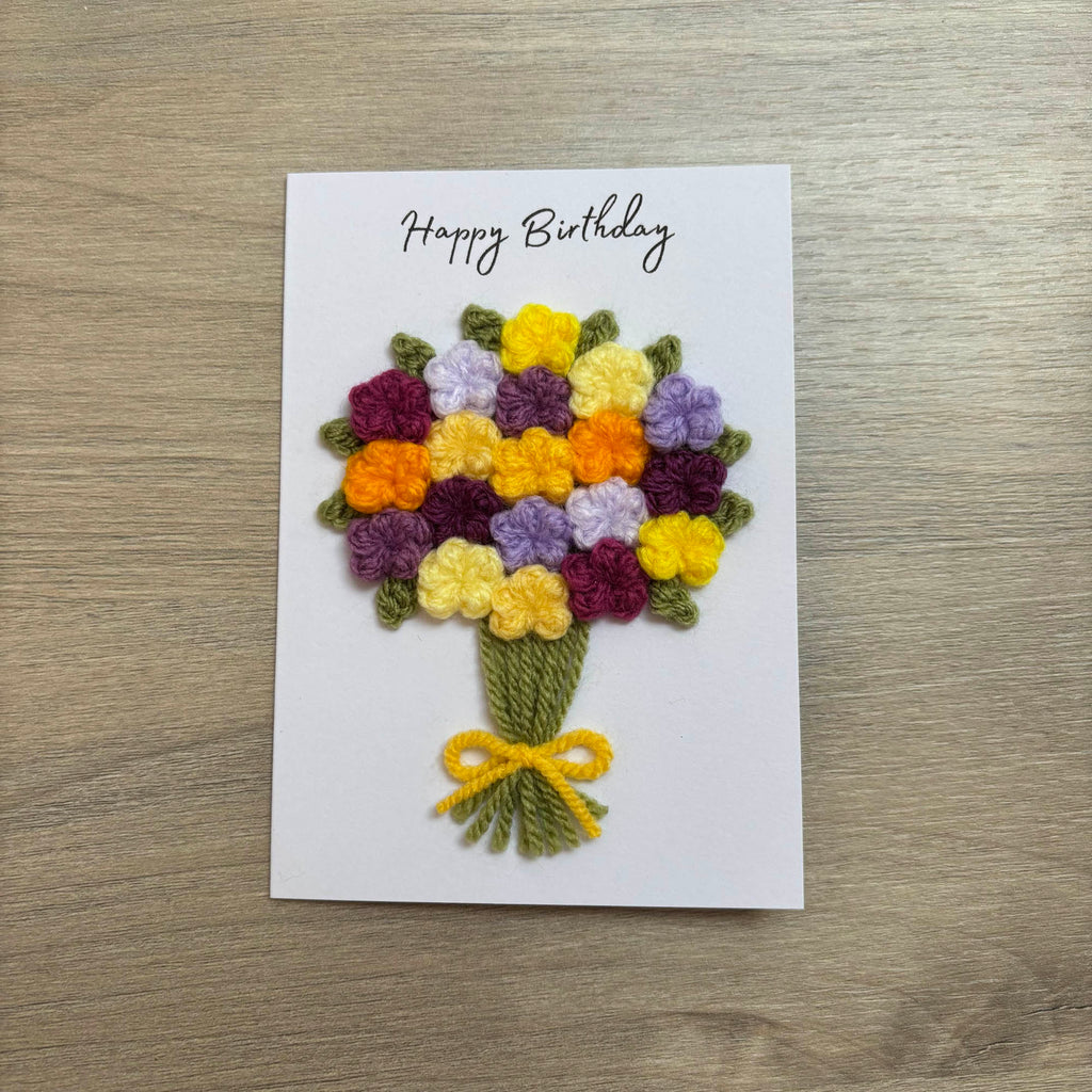 Crochet Yellow & Purple Floral Bouquet Birthday Card - Personalisation Optional