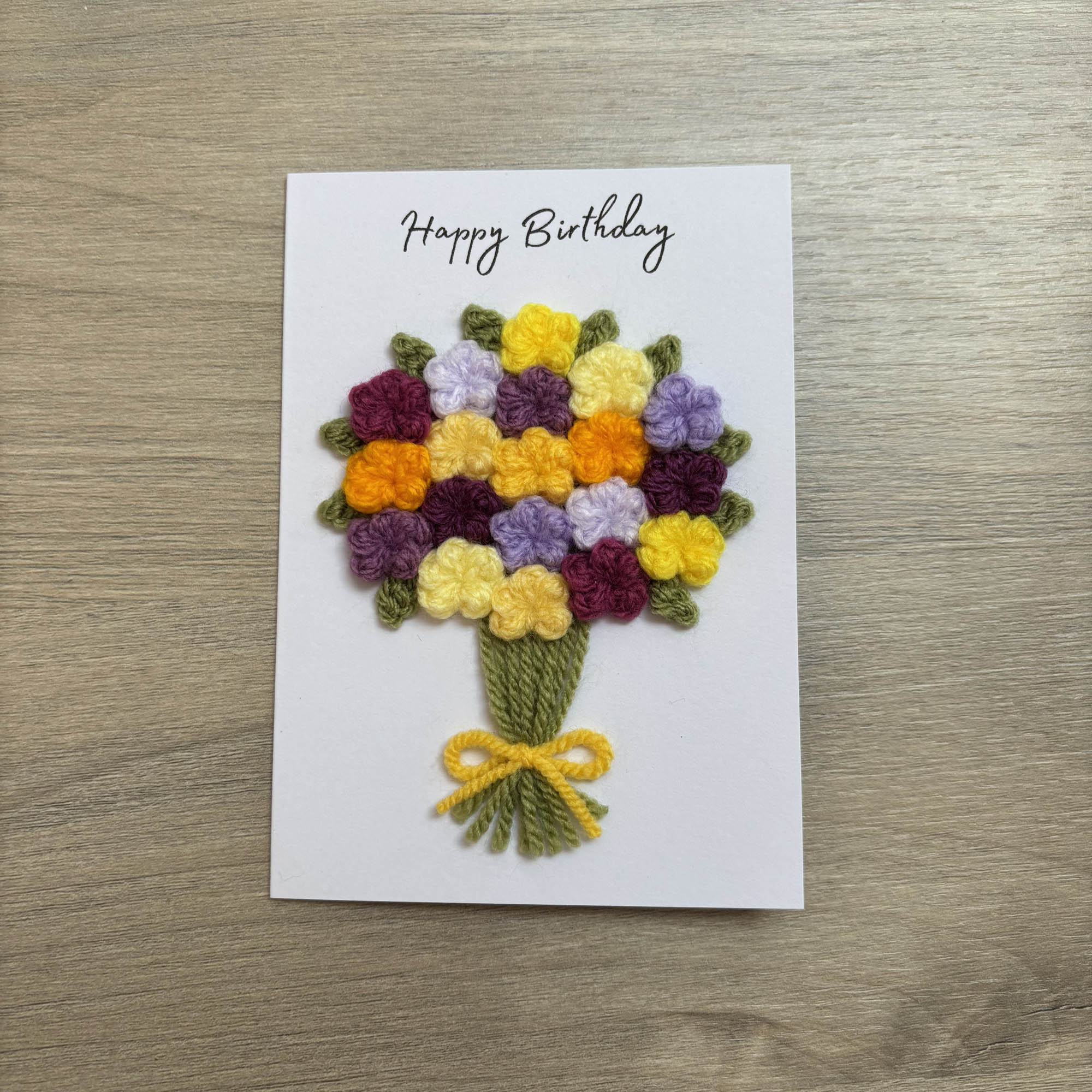 Crochet Yellow & Purple Floral Bouquet Birthday Card - Personalisation Optional