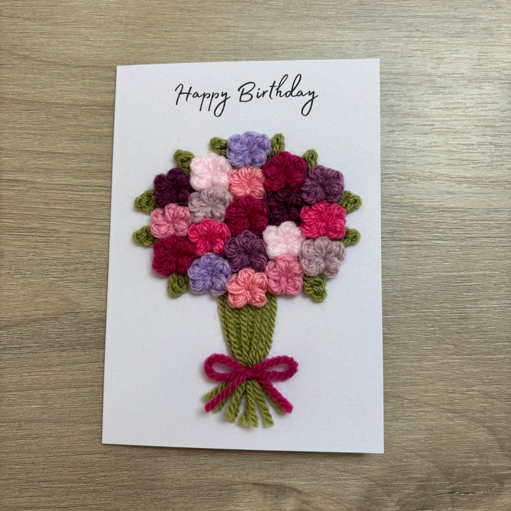 Crochet Pink & Purple Floral Bouquet Birthday Card - Personalisation Optional