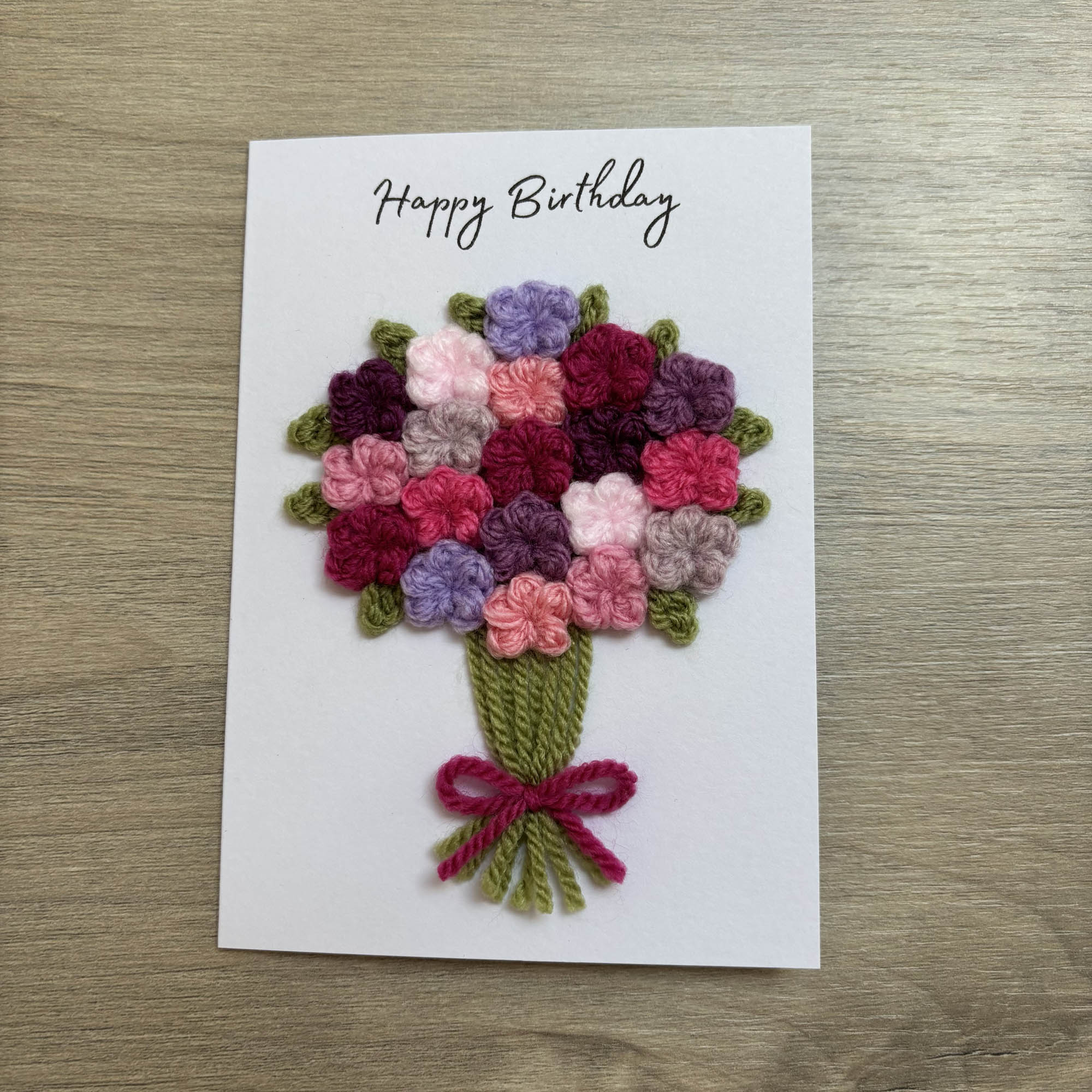 Crochet Pink & Purple Floral Bouquet Birthday Card - Personalisation Optional