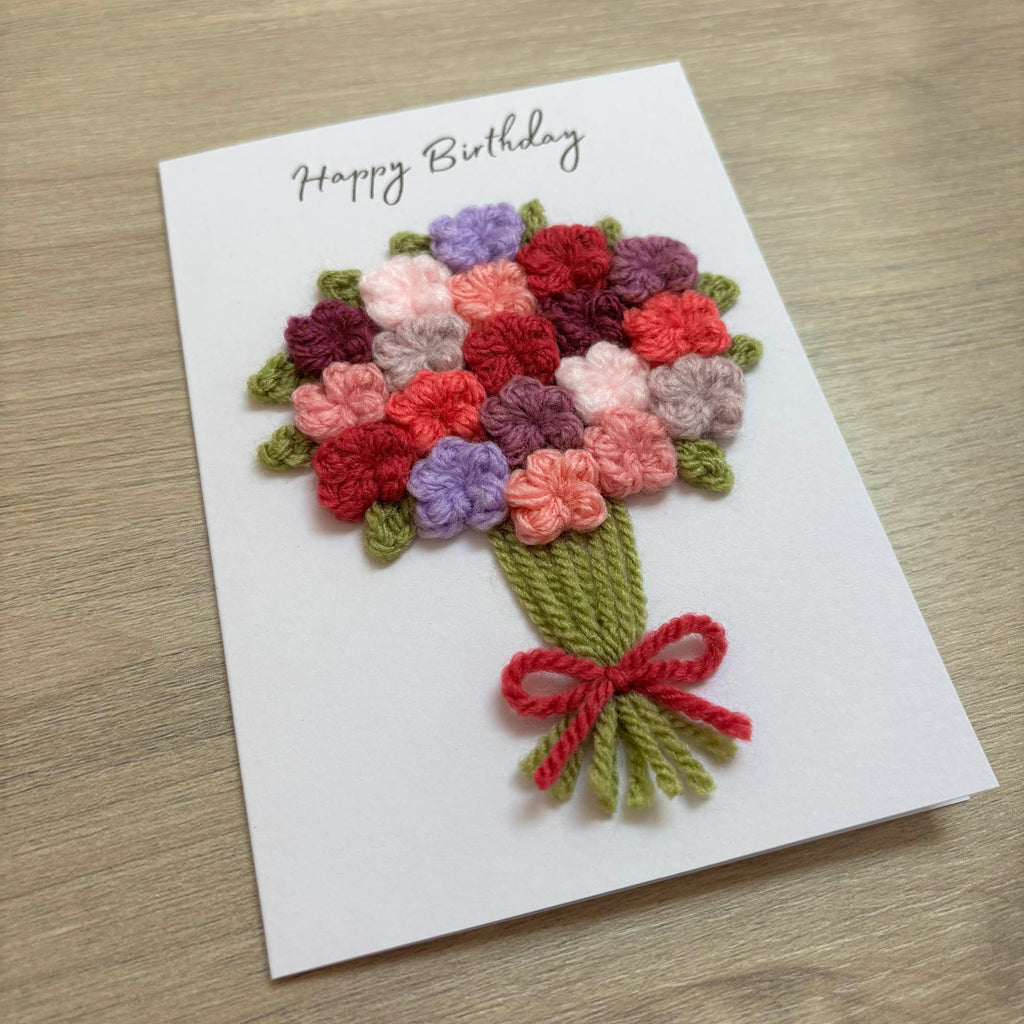 Crochet Pink & Purple Floral Bouquet Birthday Card - Personalisation Optional