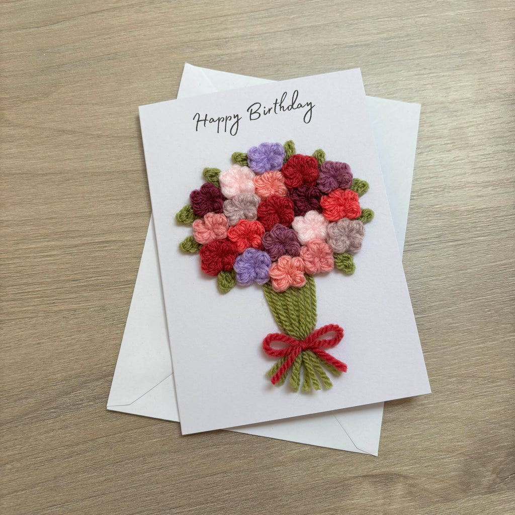 Crochet Pink & Purple Floral Bouquet Birthday Card - Personalisation Optional