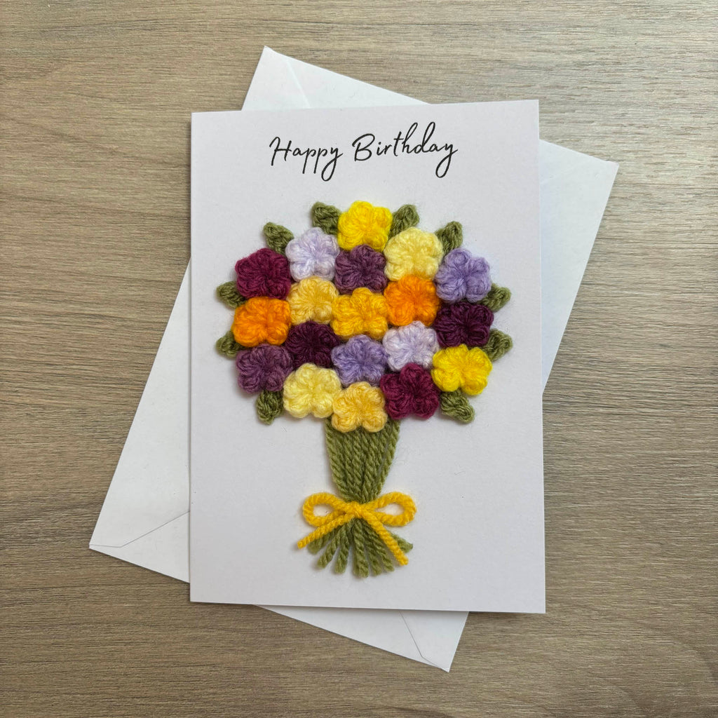 Crochet Yellow & Purple Floral Bouquet Birthday Card - Personalisation Optional