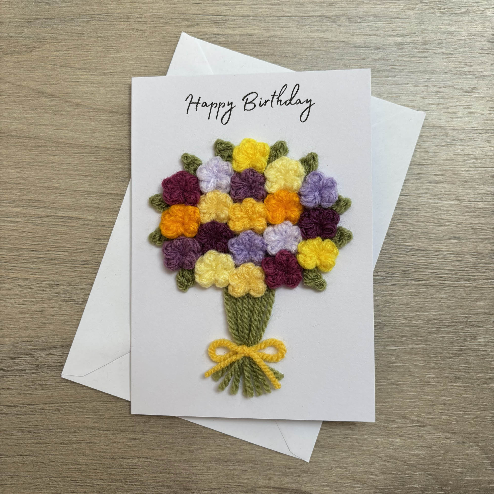 Crochet Yellow & Purple Floral Bouquet Birthday Card - Personalisation Optional