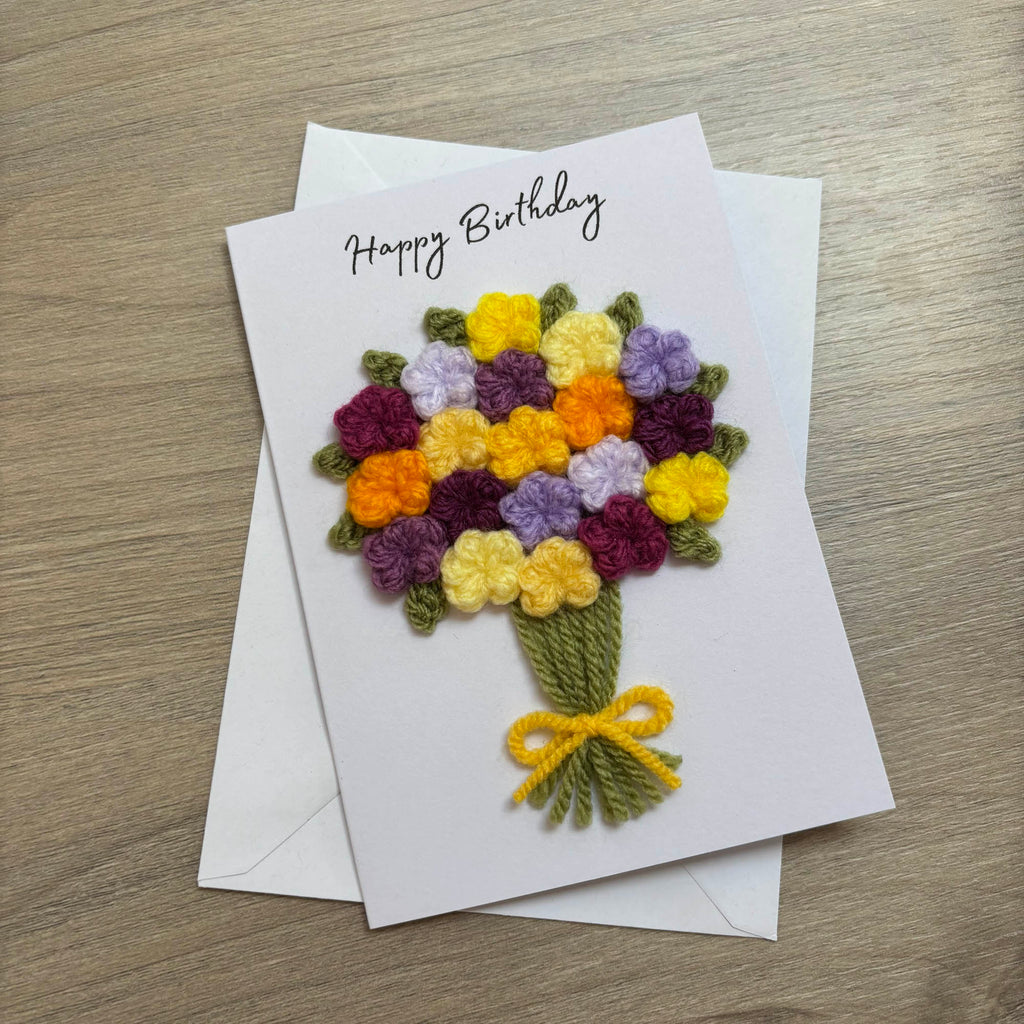 Crochet Yellow & Purple Floral Bouquet Birthday Card - Personalisation Optional
