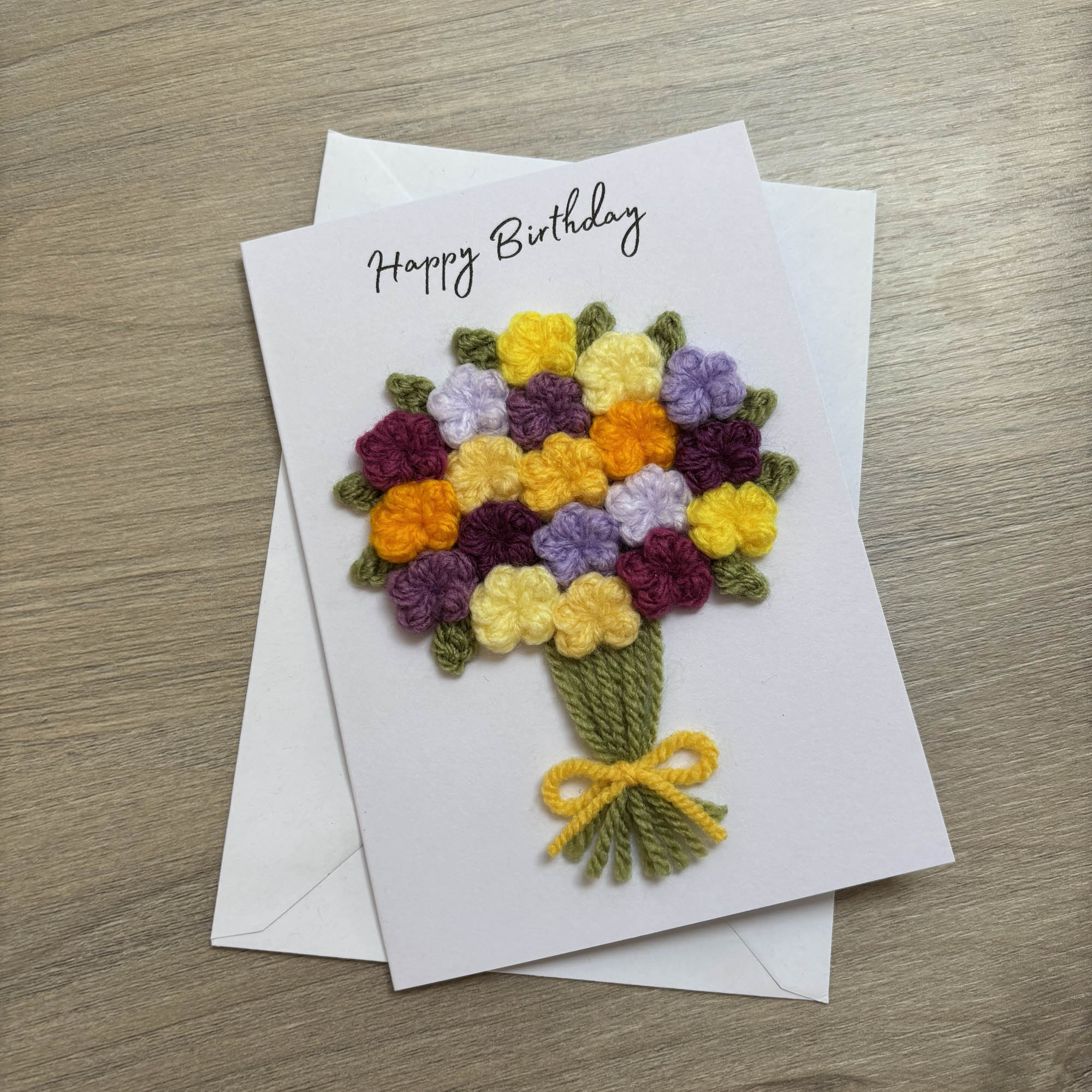 Crochet Yellow & Purple Floral Bouquet Birthday Card - Personalisation Optional