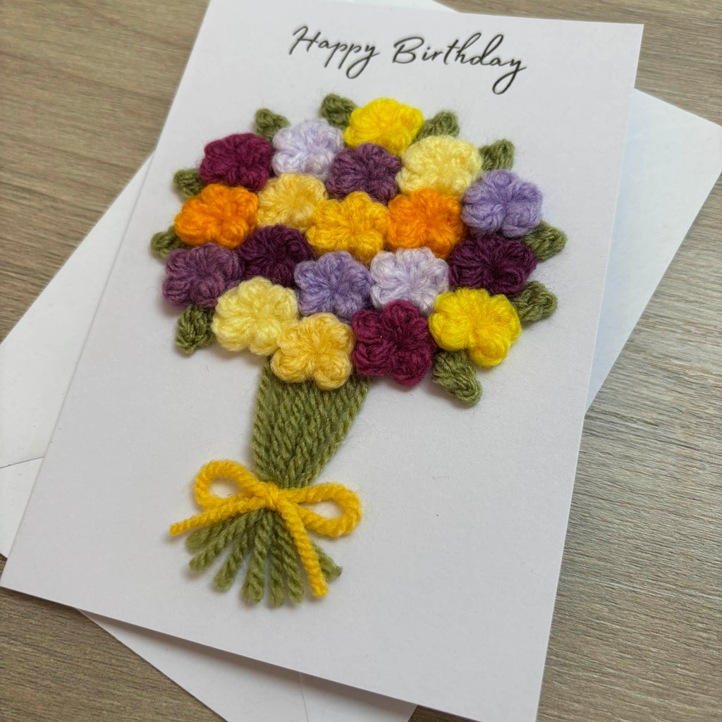 Crochet Yellow & Purple Floral Bouquet Birthday Card - Personalisation Optional
