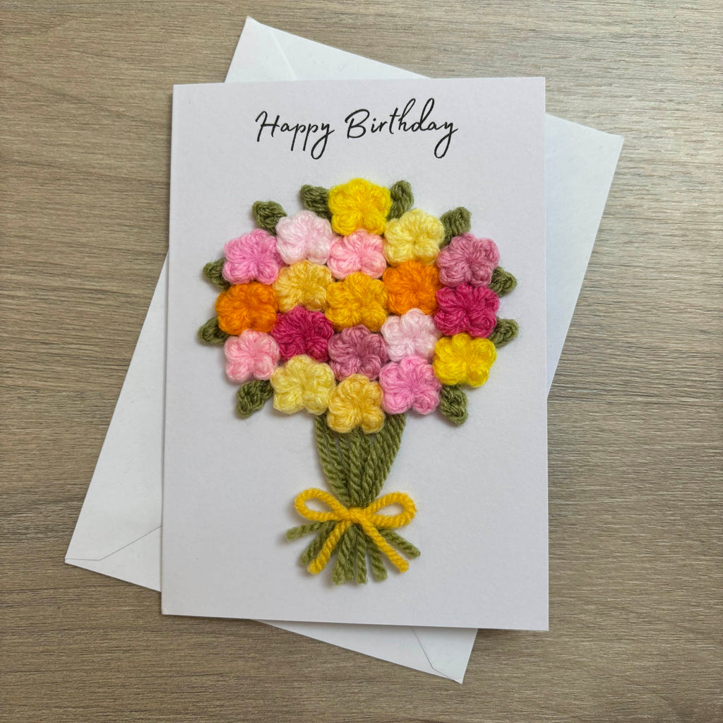 Crochet Pink & Yellow Floral Bouquet Birthday Card - Personalisation Optional