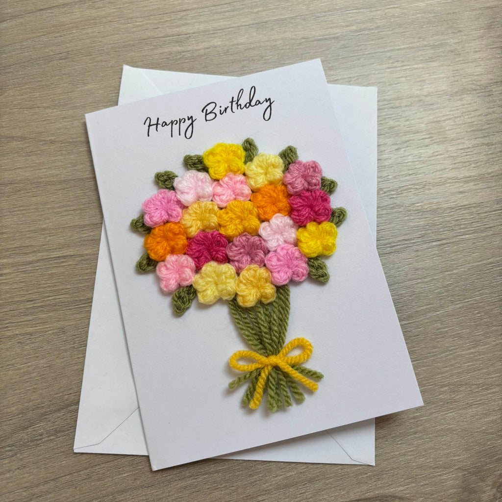 Crochet Pink & Yellow Floral Bouquet Birthday Card - Personalisation Optional