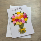 Crochet Pink & Yellow Floral Bouquet Birthday Card - Personalisation Optional