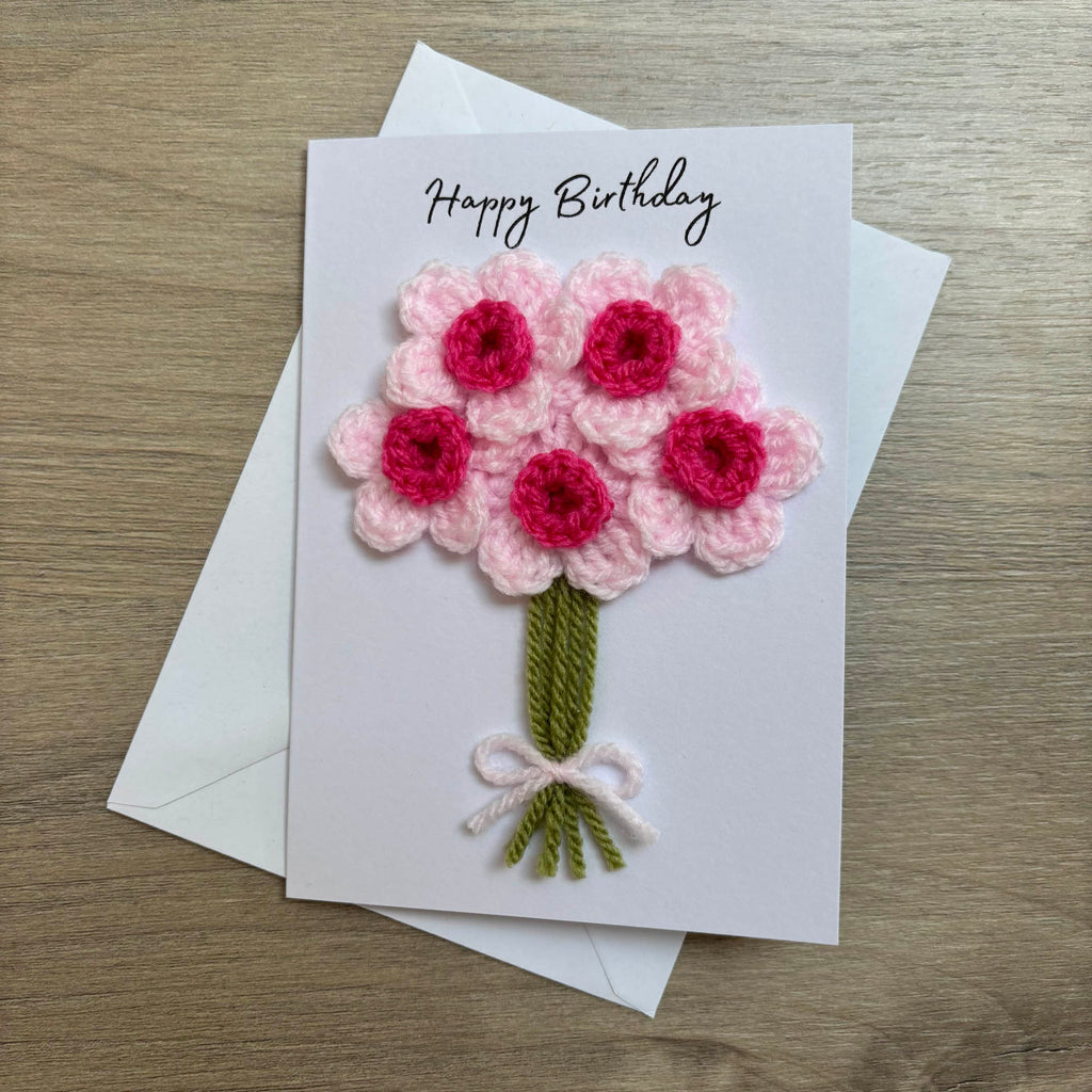 Crochet Pink Bunch of Flowers Happy Birthday Card - Personalisation Optional