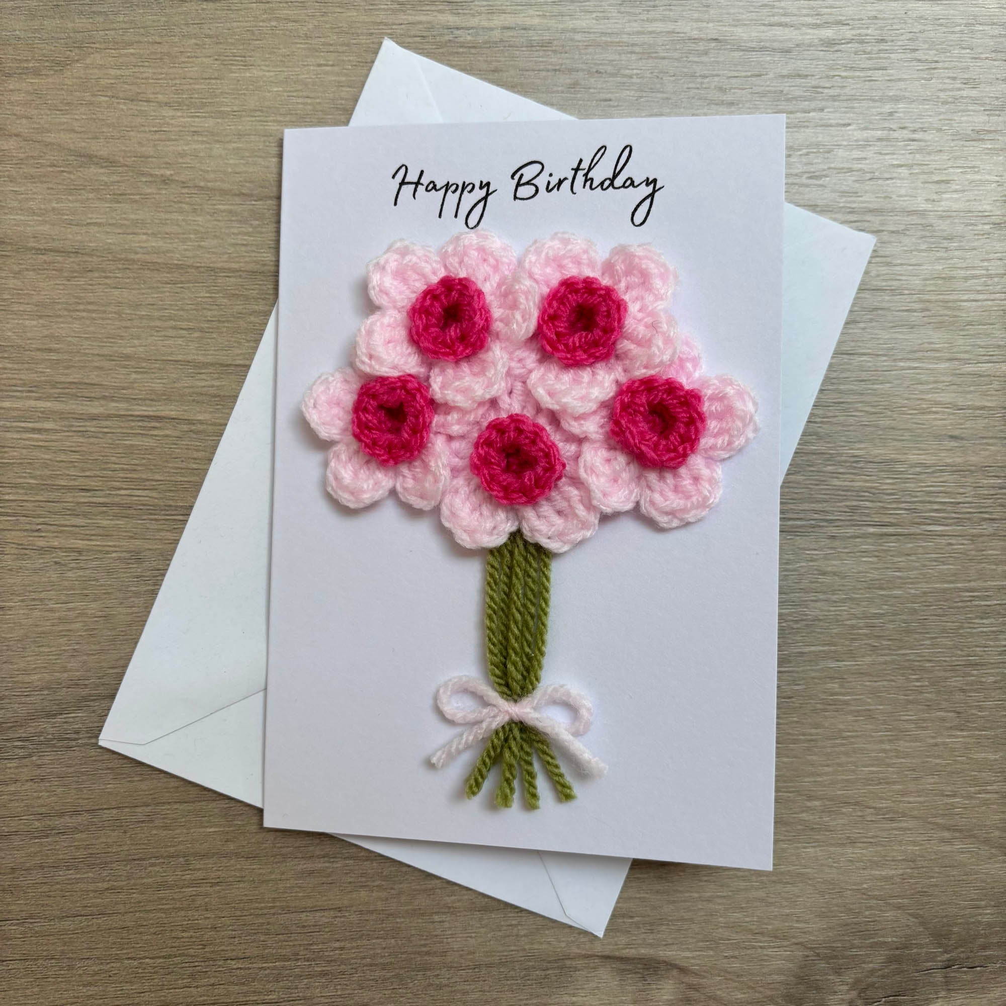 Crochet Pink Bunch of Flowers Happy Birthday Card - Personalisation Optional